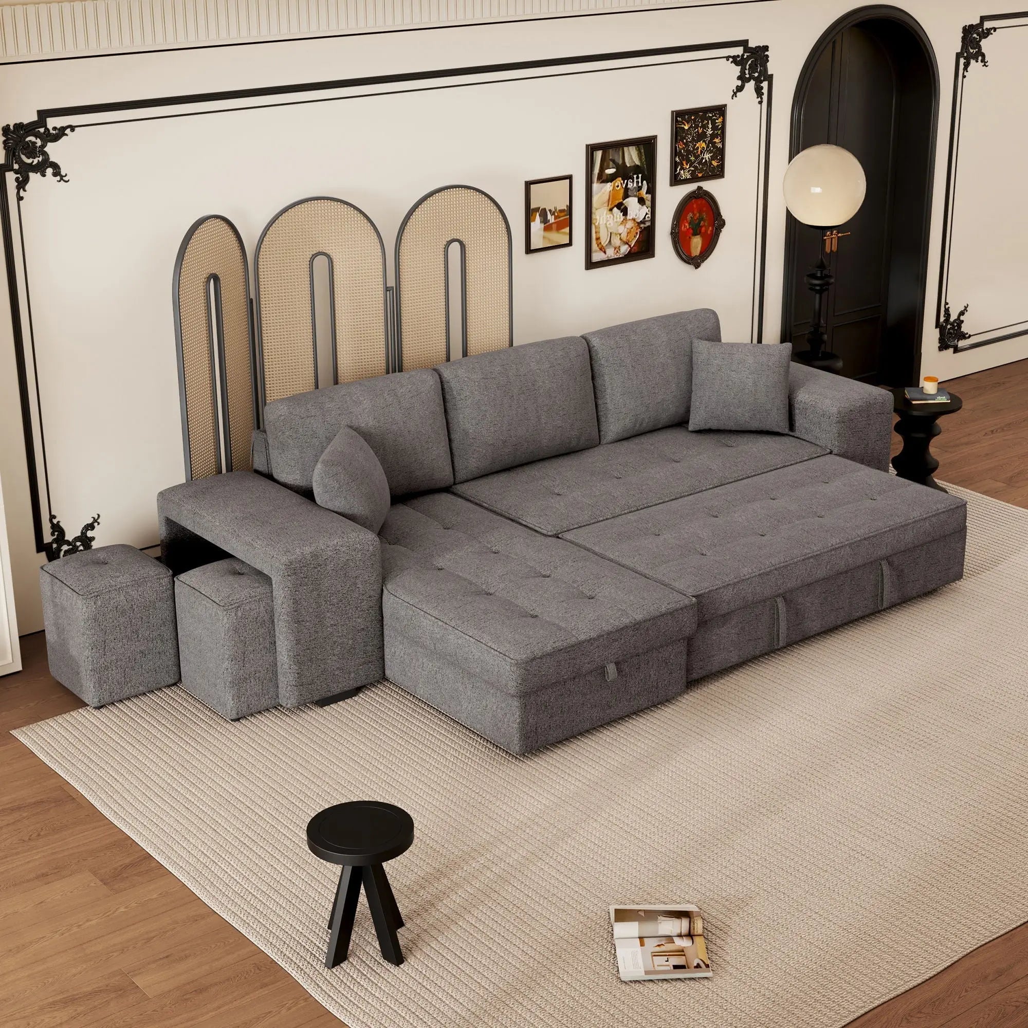 Modern L-Shape 3 Seat Reversible Sectional Couch, Pull Out Sleeper Sofa With Storage Chaise And 2 Stools For Living Room Furniture Set Unique Piece Furniture
