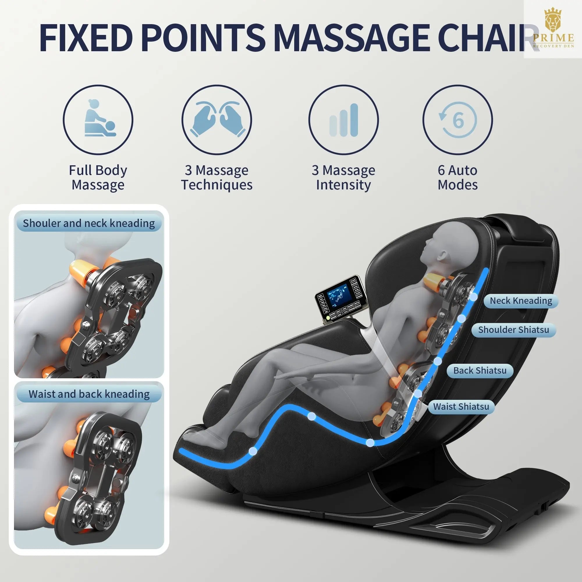 Full body deep tissue massage chair, foot massage, 8 fixed massage rollers, touch screen suitable for 5.1-5.75 feet high (black)