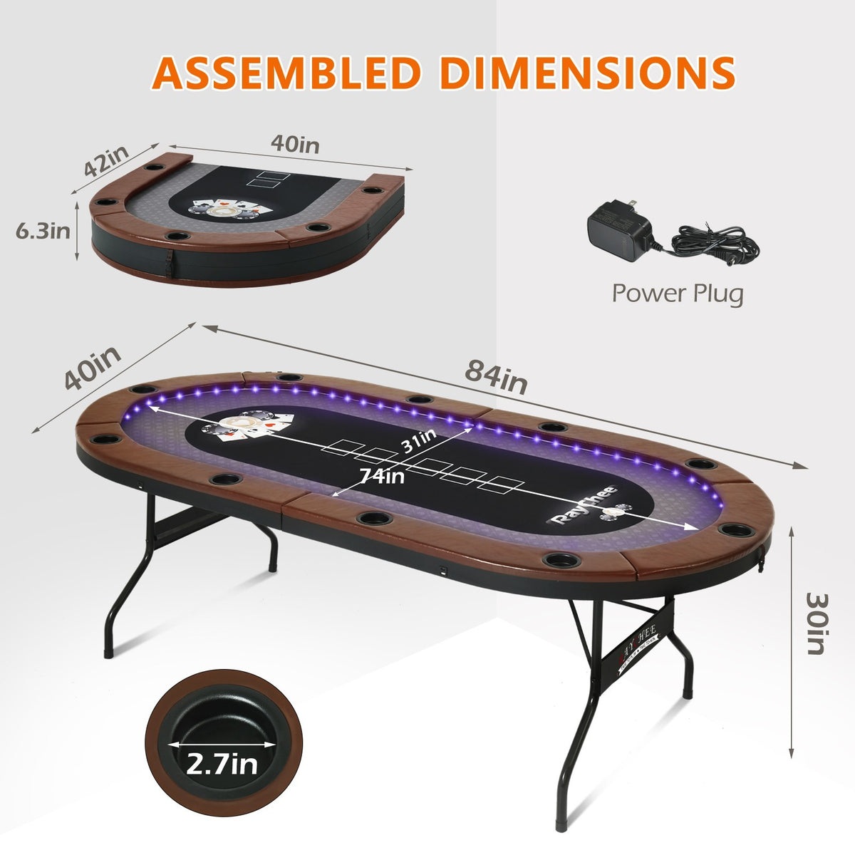 10 Player Foldable Poker Table LED Light Casino Blackjack Texa Holdem Table Desk