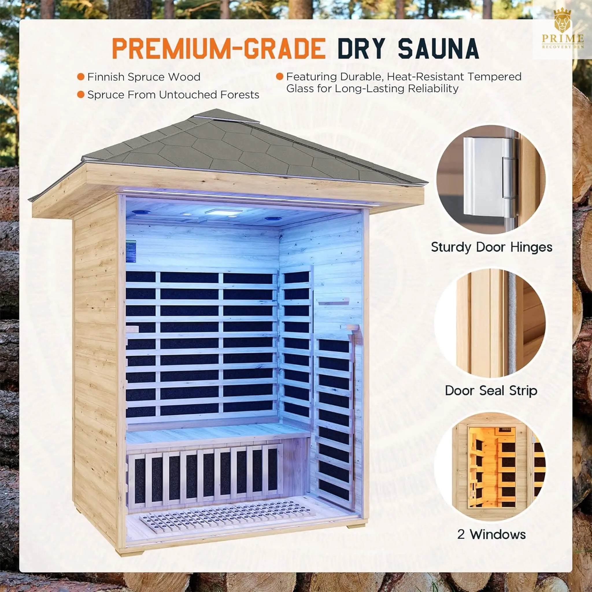 Thermora Zurich 3-Person Low EMF Spruce Wood Outdoor Infrared Sauna With Bluetooth Speakers And LED Lights (SAK59047) SAKSBY WHOLESALE