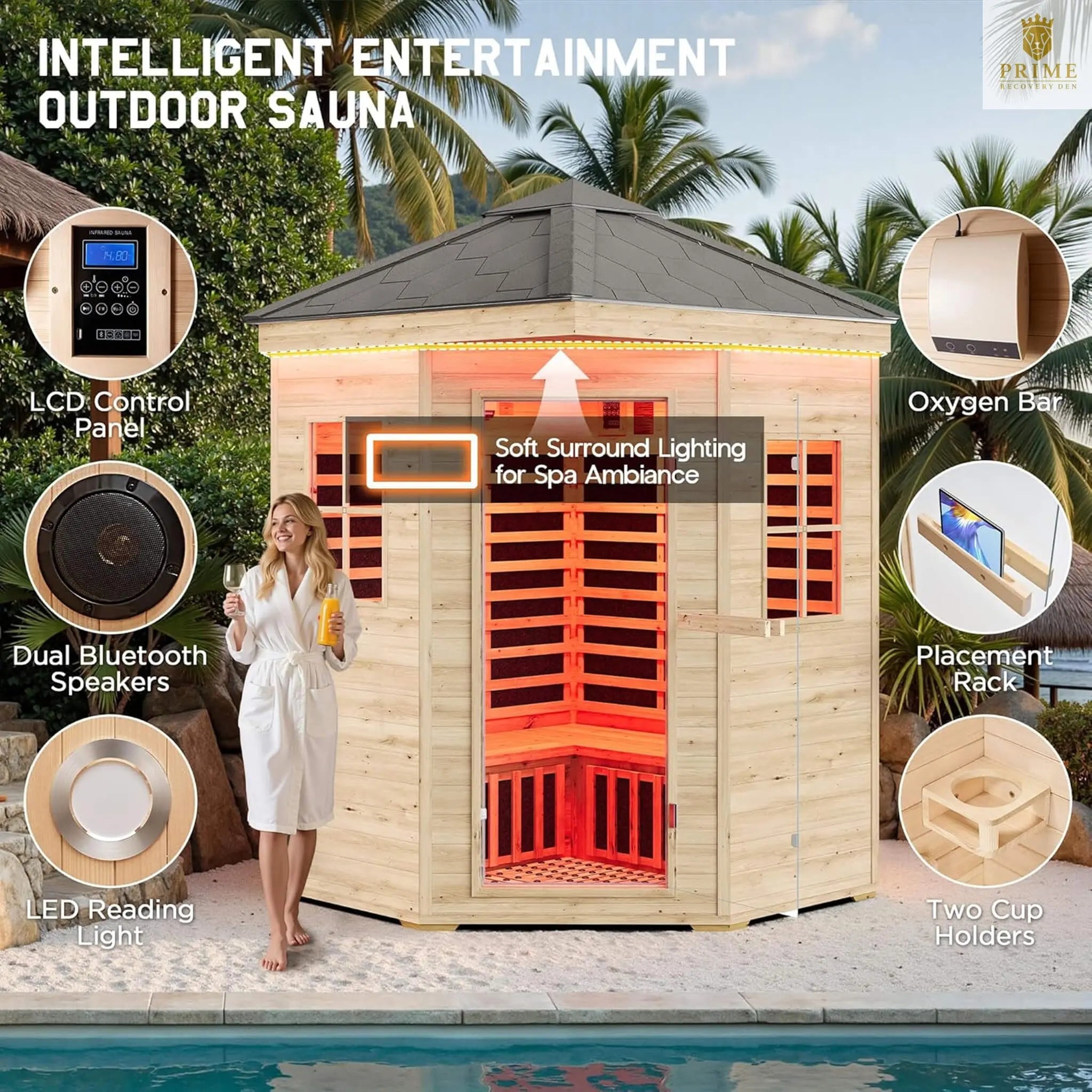 Thermora Monaco 4-Person Low EMF Spruce Wood Outdoor Infrared Sauna With Bluetooth Speakers And LED Lights (SAK16270) SAKSBY WHOLESALE