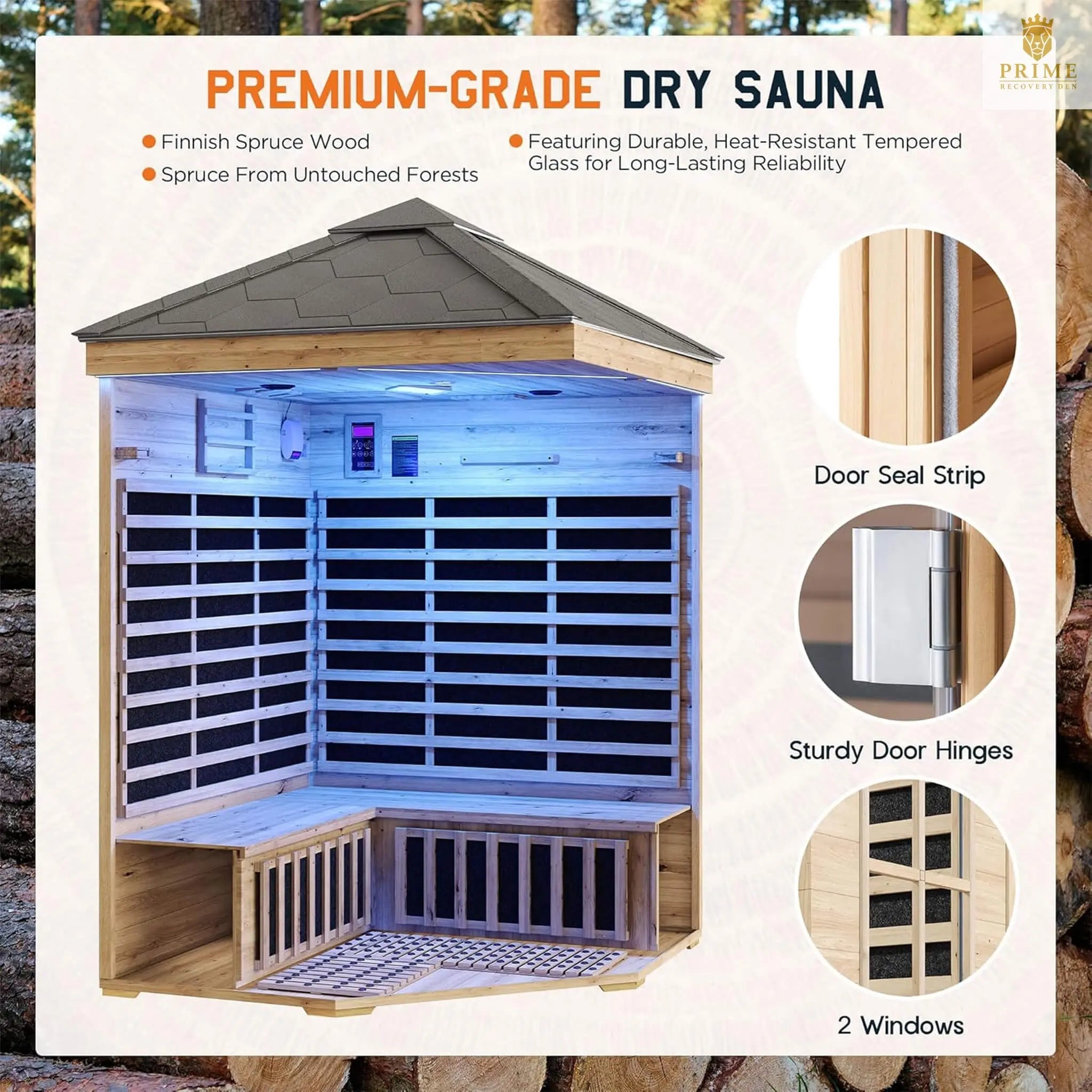 Thermora Monaco 4-Person Low EMF Spruce Wood Outdoor Infrared Sauna With Bluetooth Speakers And LED Lights (SAK16270) SAKSBY WHOLESALE