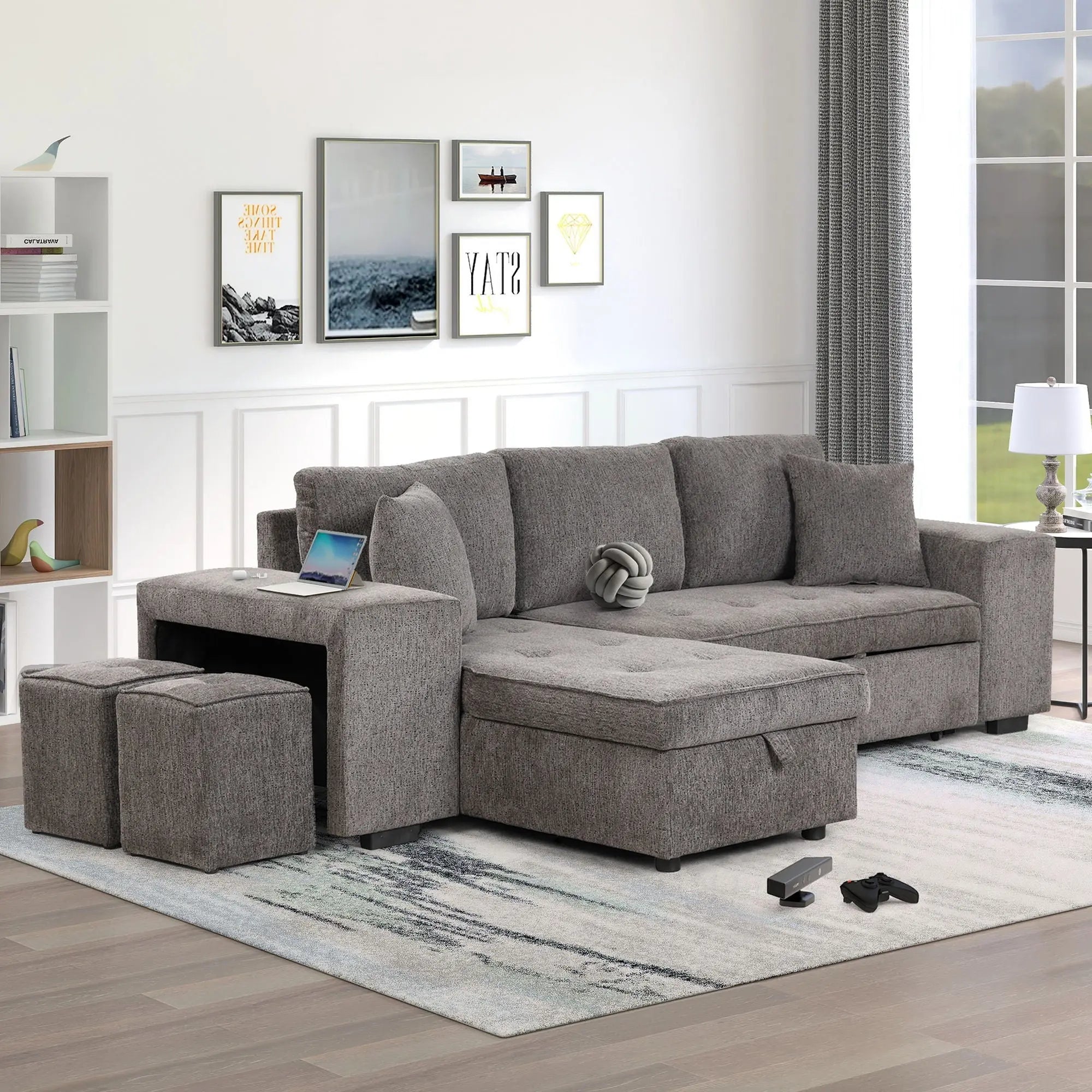 Modern L-Shape 3 Seat Reversible Sectional Couch, Pull Out Sleeper Sofa With Storage Chaise And 2 Stools For Living Room Furniture Set Unique Piece Furniture