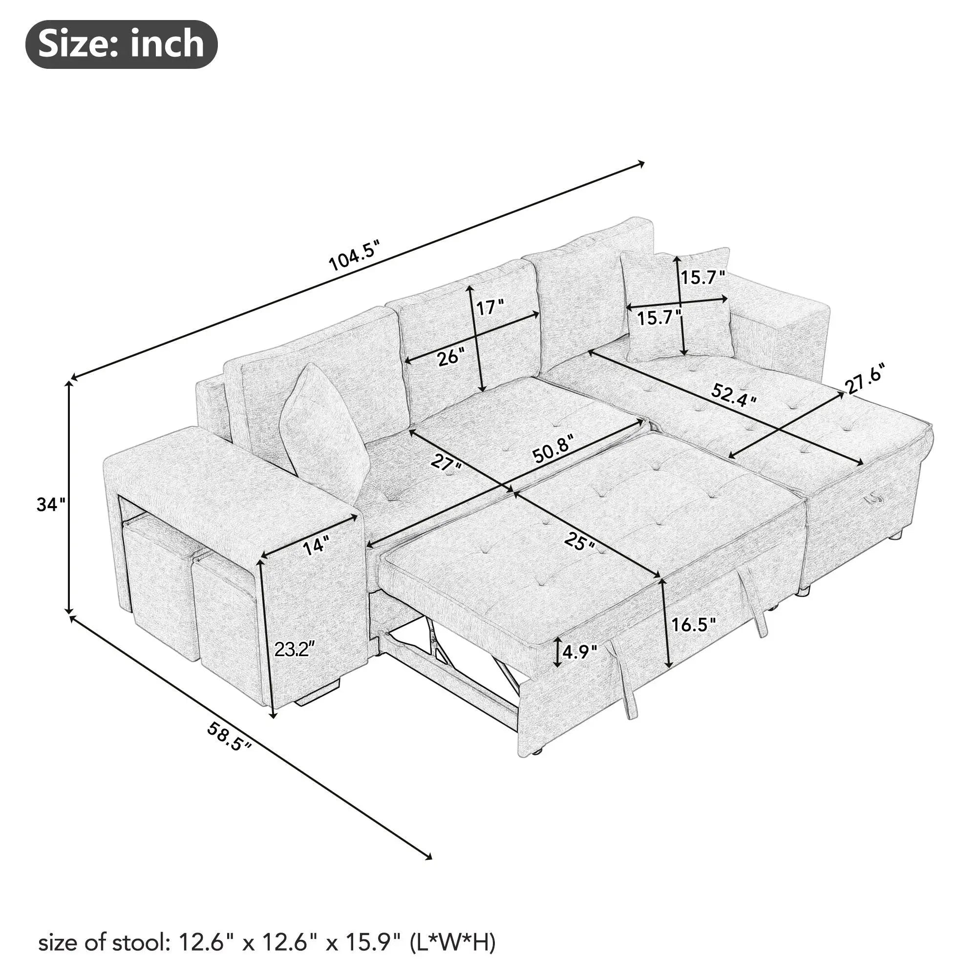 Modern L-Shape 3 Seat Reversible Sectional Couch, Pull Out Sleeper Sofa With Storage Chaise And 2 Stools For Living Room Furniture Set Unique Piece Furniture