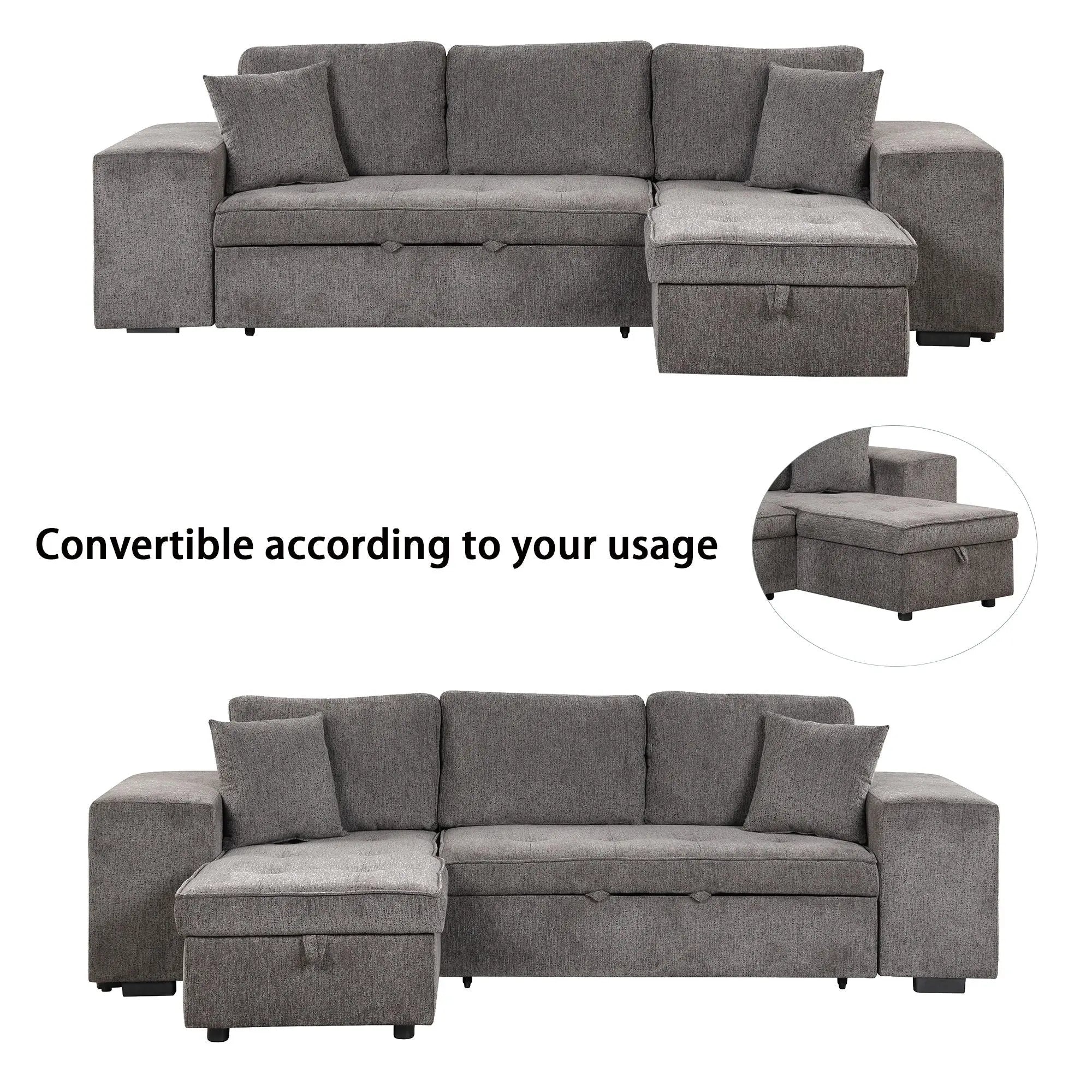 Modern L-Shape 3 Seat Reversible Sectional Couch, Pull Out Sleeper Sofa With Storage Chaise And 2 Stools For Living Room Furniture Set Unique Piece Furniture
