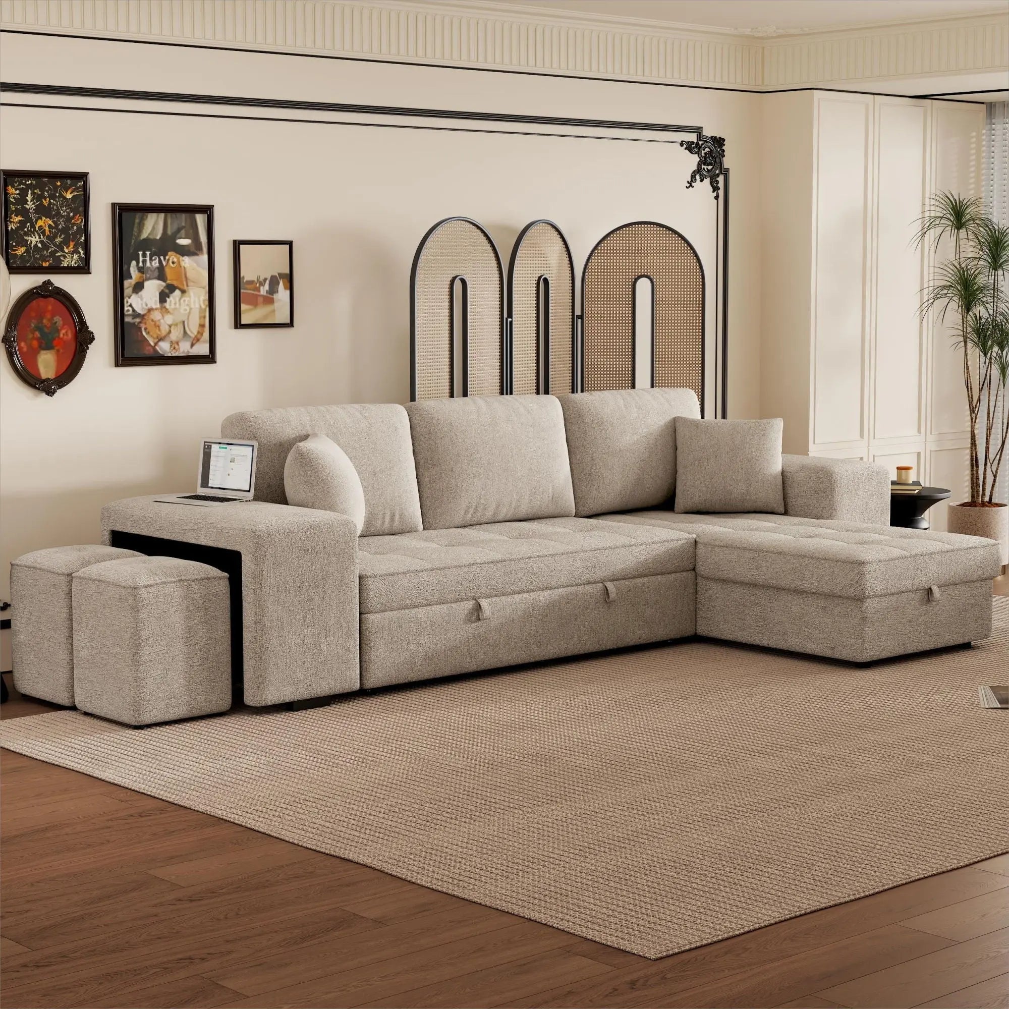Modern L-Shape 3 Seat Reversible Sectional Couch, Pull Out Sleeper Sofa With Storage Chaise And 2 Stools For Living Room Furniture Set Unique Piece Furniture