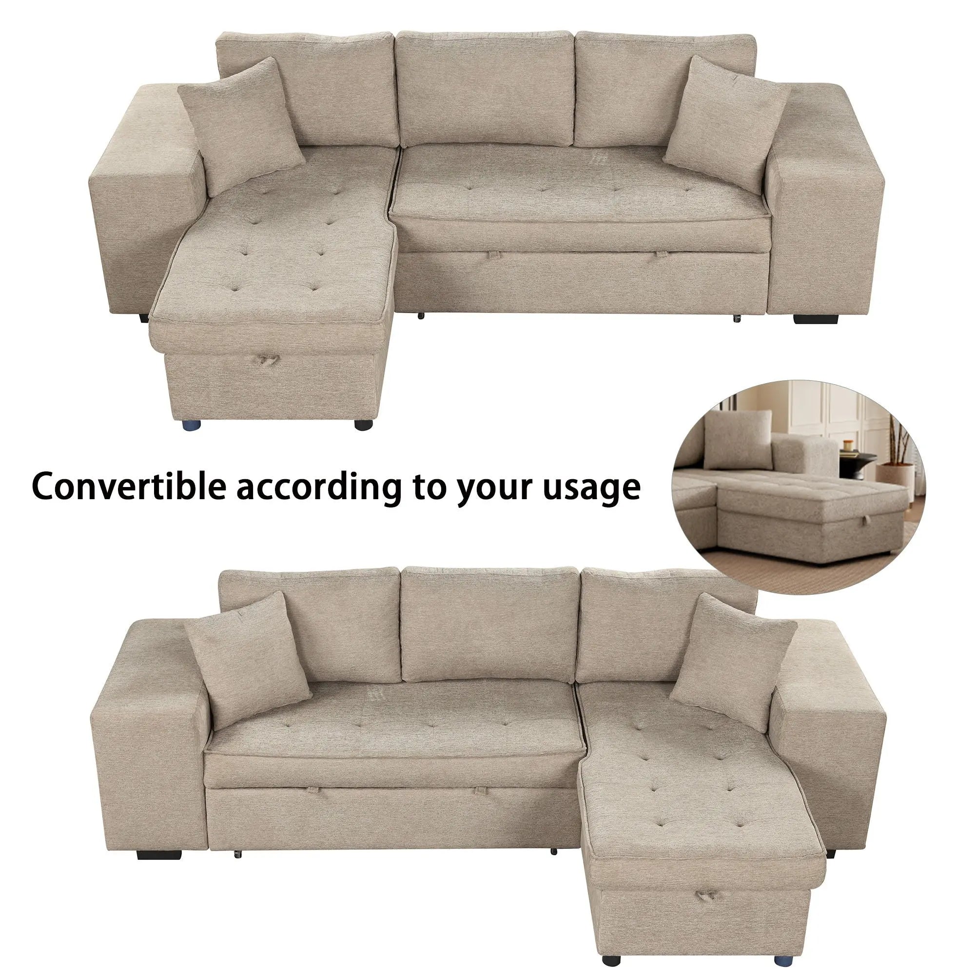 Modern L-Shape 3 Seat Reversible Sectional Couch, Pull Out Sleeper Sofa With Storage Chaise And 2 Stools For Living Room Furniture Set Unique Piece Furniture