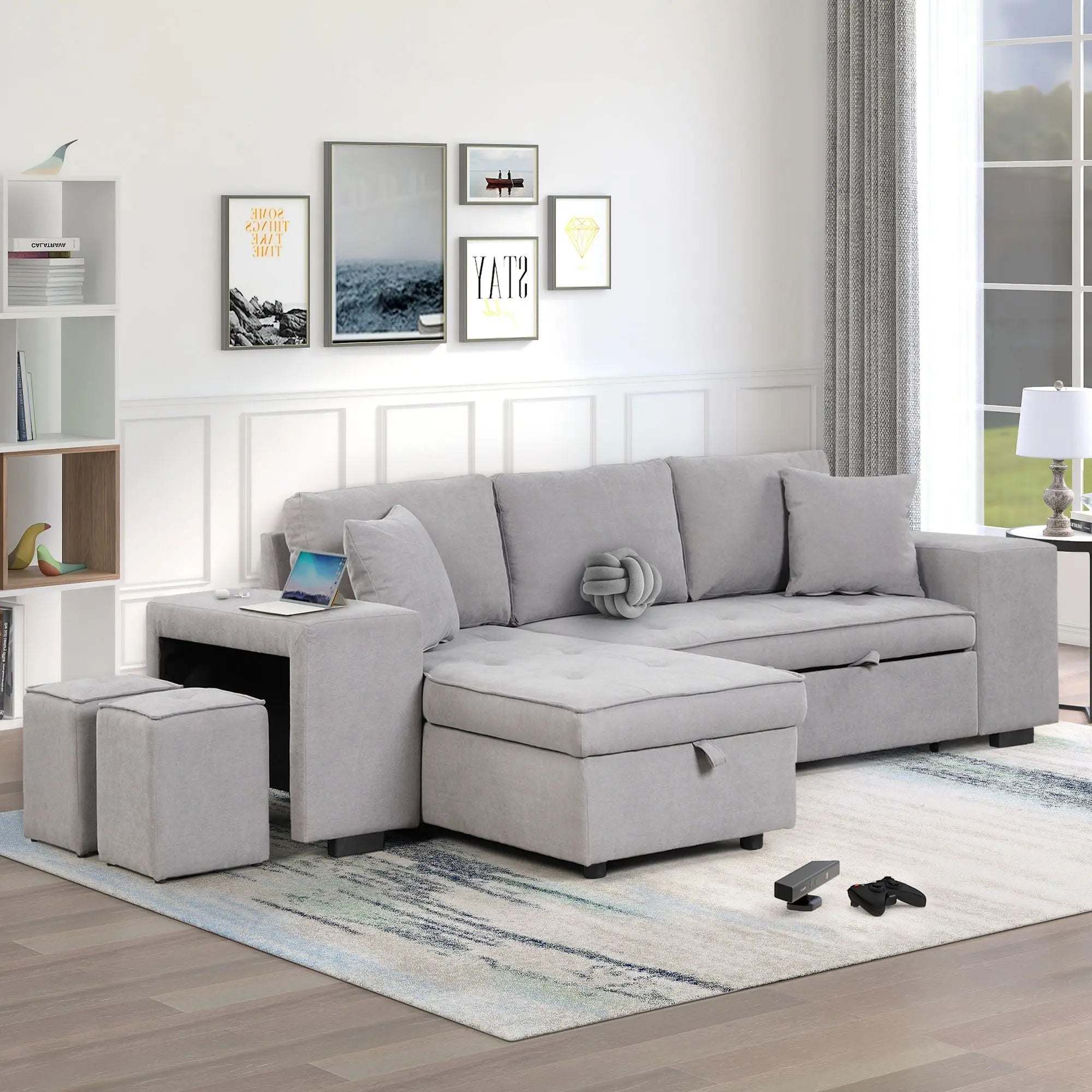 Modern L-Shape 3 Seat Reversible Sectional Couch, Pull Out Sleeper Sofa With Storage Chaise And 2 Stools For Living Room Furniture Set Unique Piece Furniture