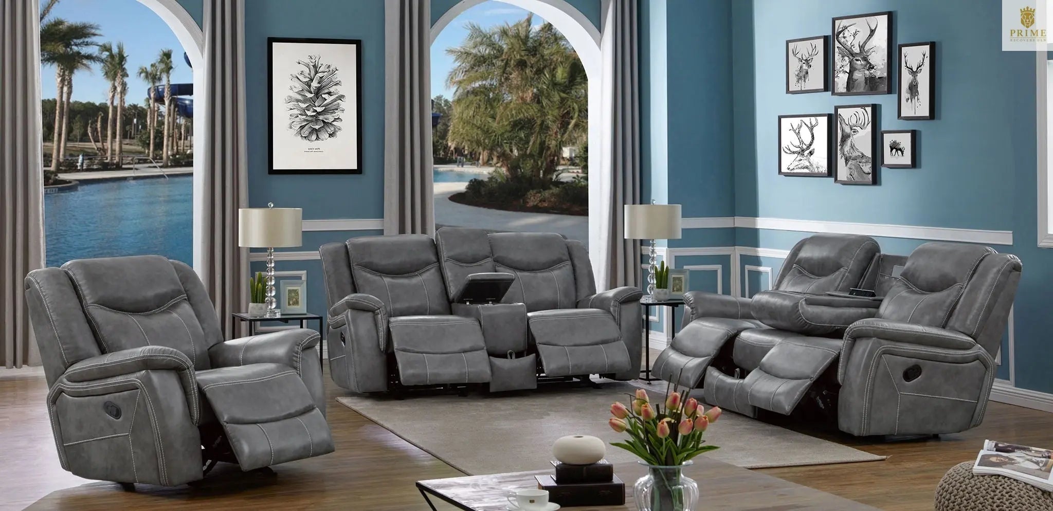 Conrad 3-piece Upholstered Padded Arm Motion Sofa Set Grey