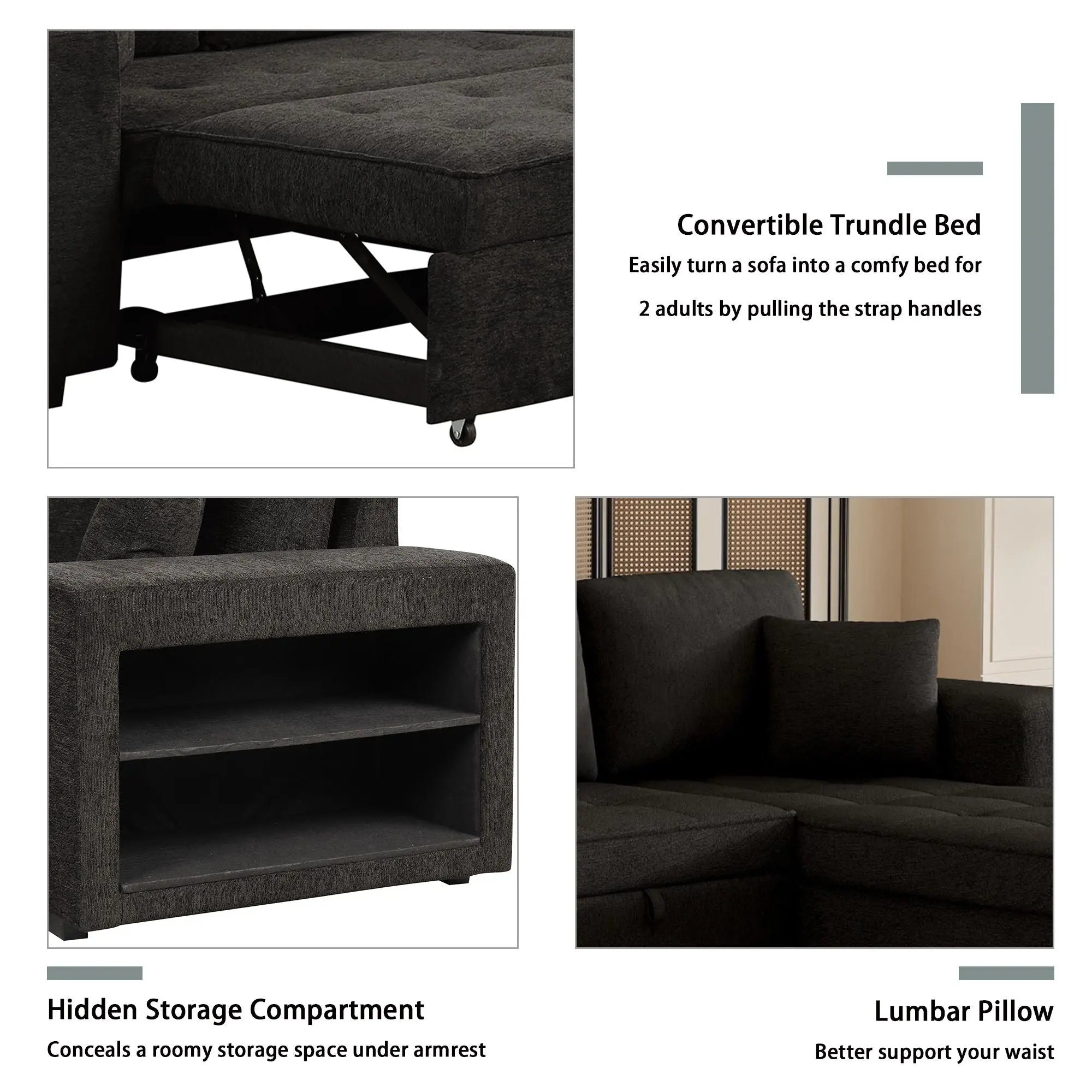 Modern L-Shape 3 Seat Reversible Sectional Couch, Pull Out Sleeper Sofa With Storage Chaise And 2 Stools For Living Room Furniture Set Unique Piece Furniture