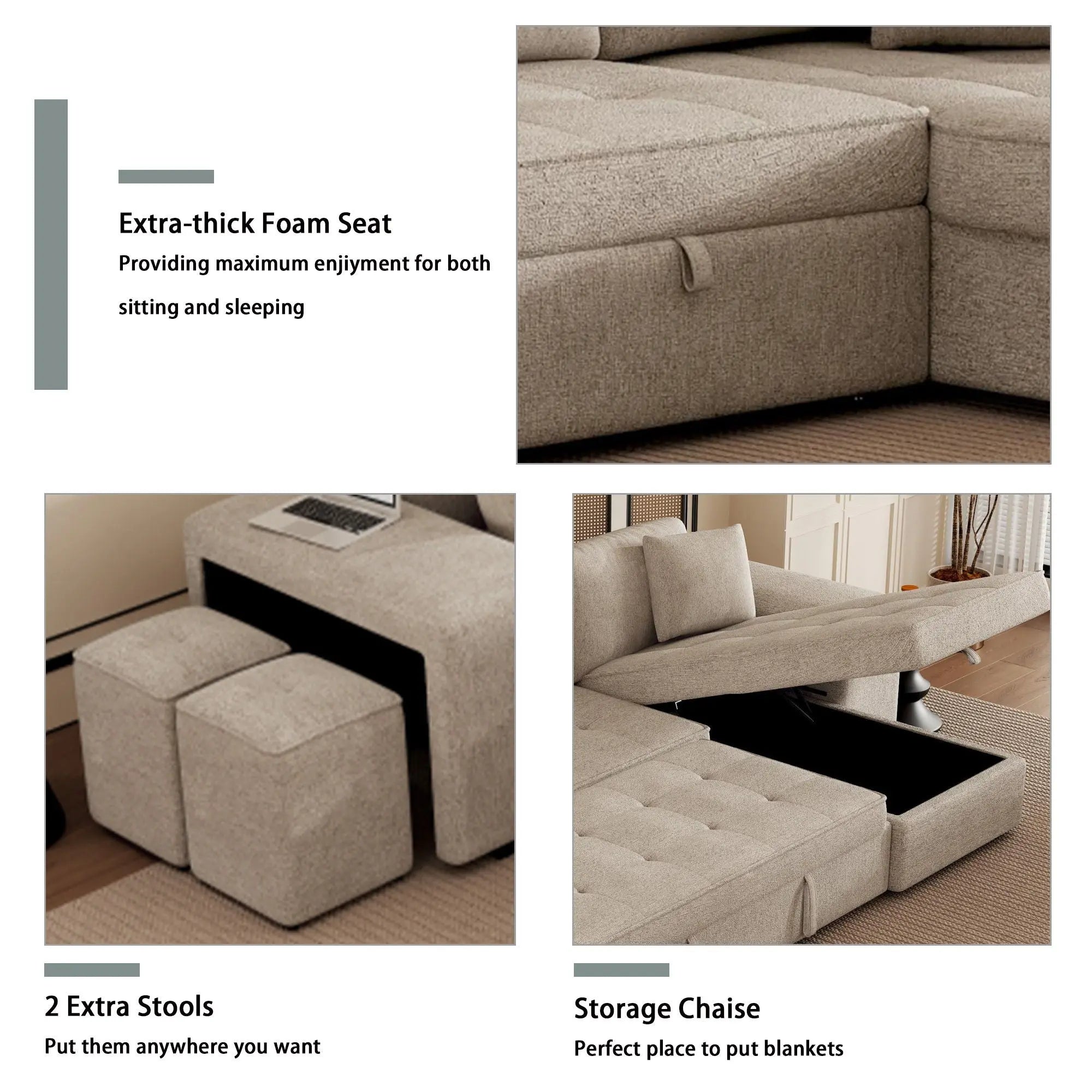 Modern L-Shape 3 Seat Reversible Sectional Couch, Pull Out Sleeper Sofa With Storage Chaise And 2 Stools For Living Room Furniture Set Unique Piece Furniture