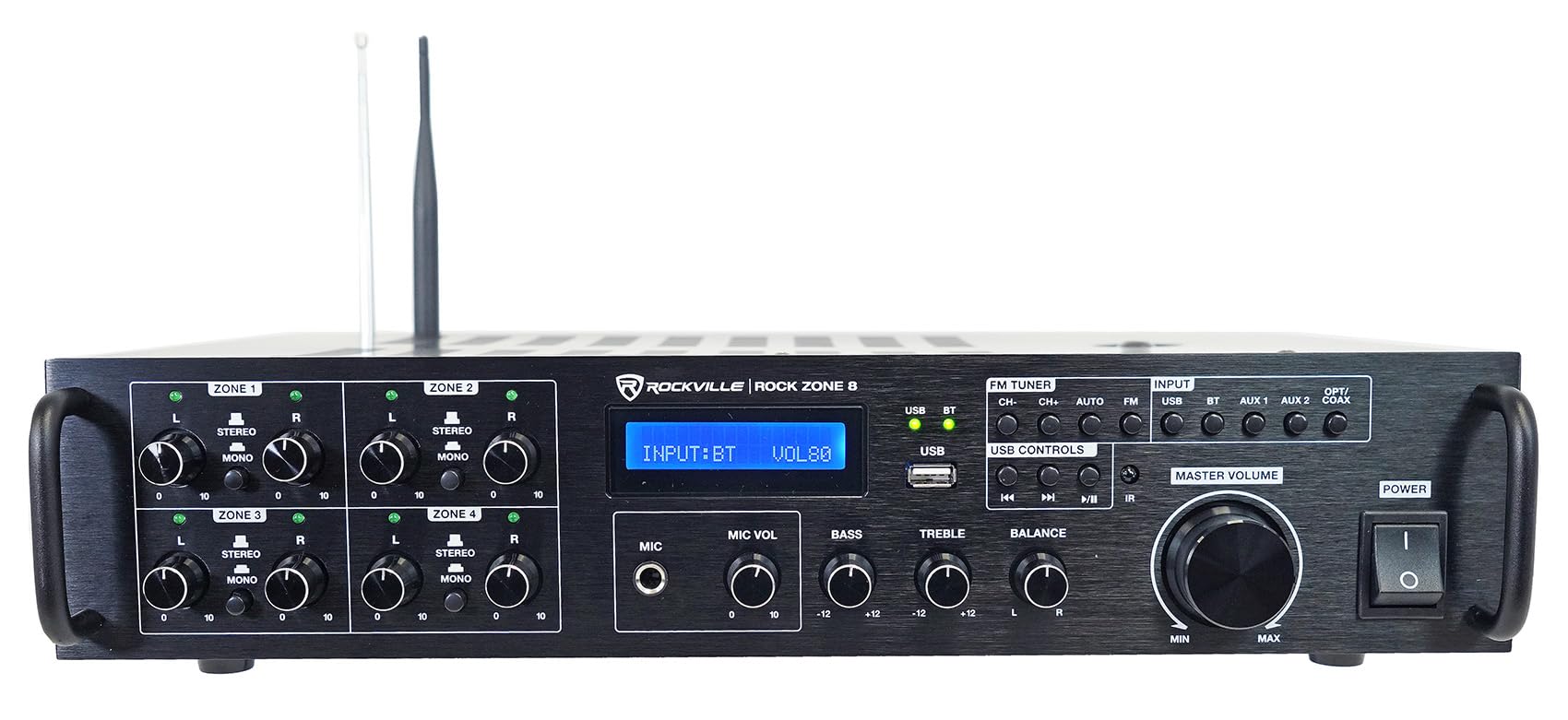 Rockville Rock Zone 8 8-Zone 8-Channel 1000W Multi-Room/Source Receiver Amplifier Bluetooth USB Optical FM Radio Includes Remote - Perfect for Home & Commercial Audio Restaurants Offices