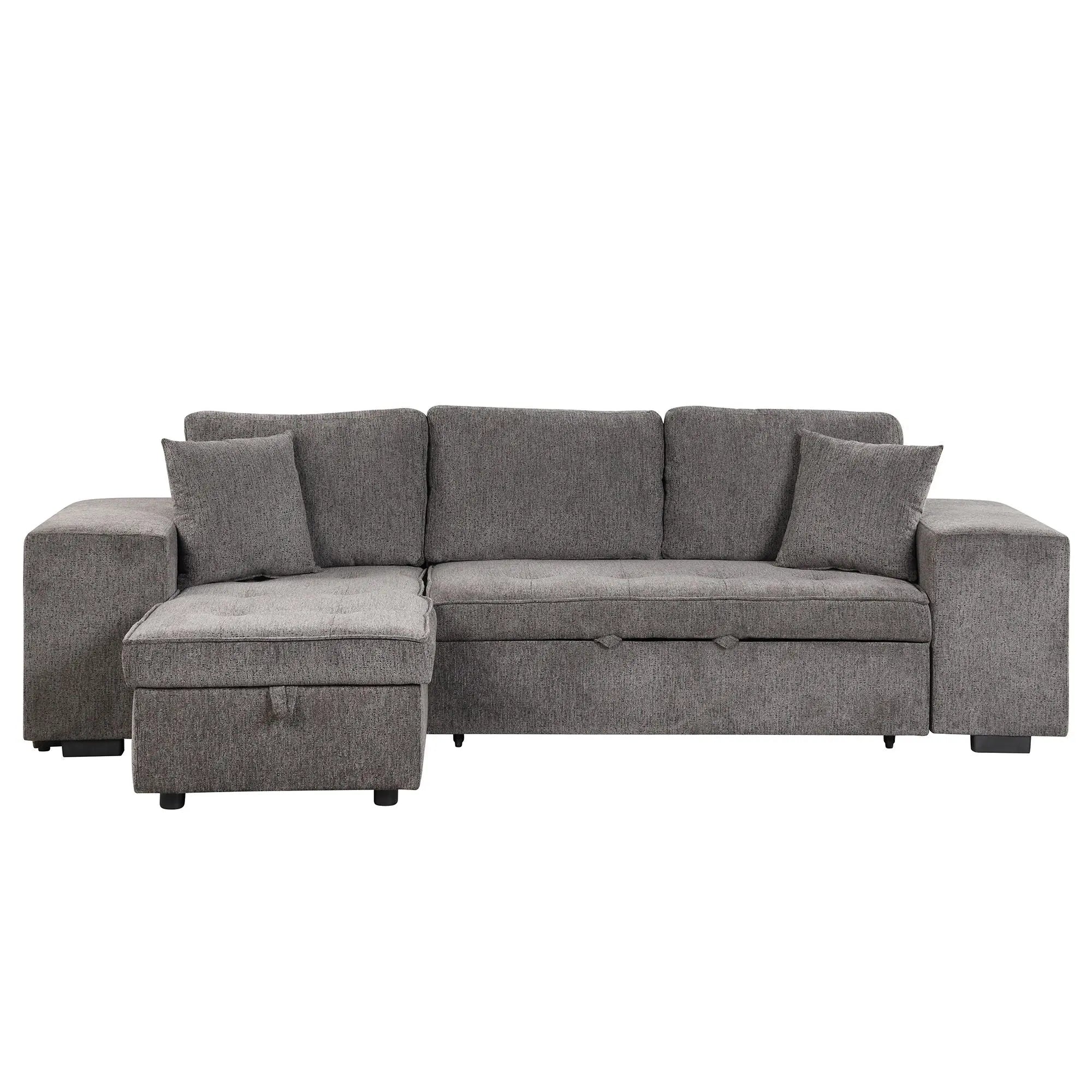 Modern L-Shape 3 Seat Reversible Sectional Couch, Pull Out Sleeper Sofa With Storage Chaise And 2 Stools For Living Room Furniture Set Unique Piece Furniture