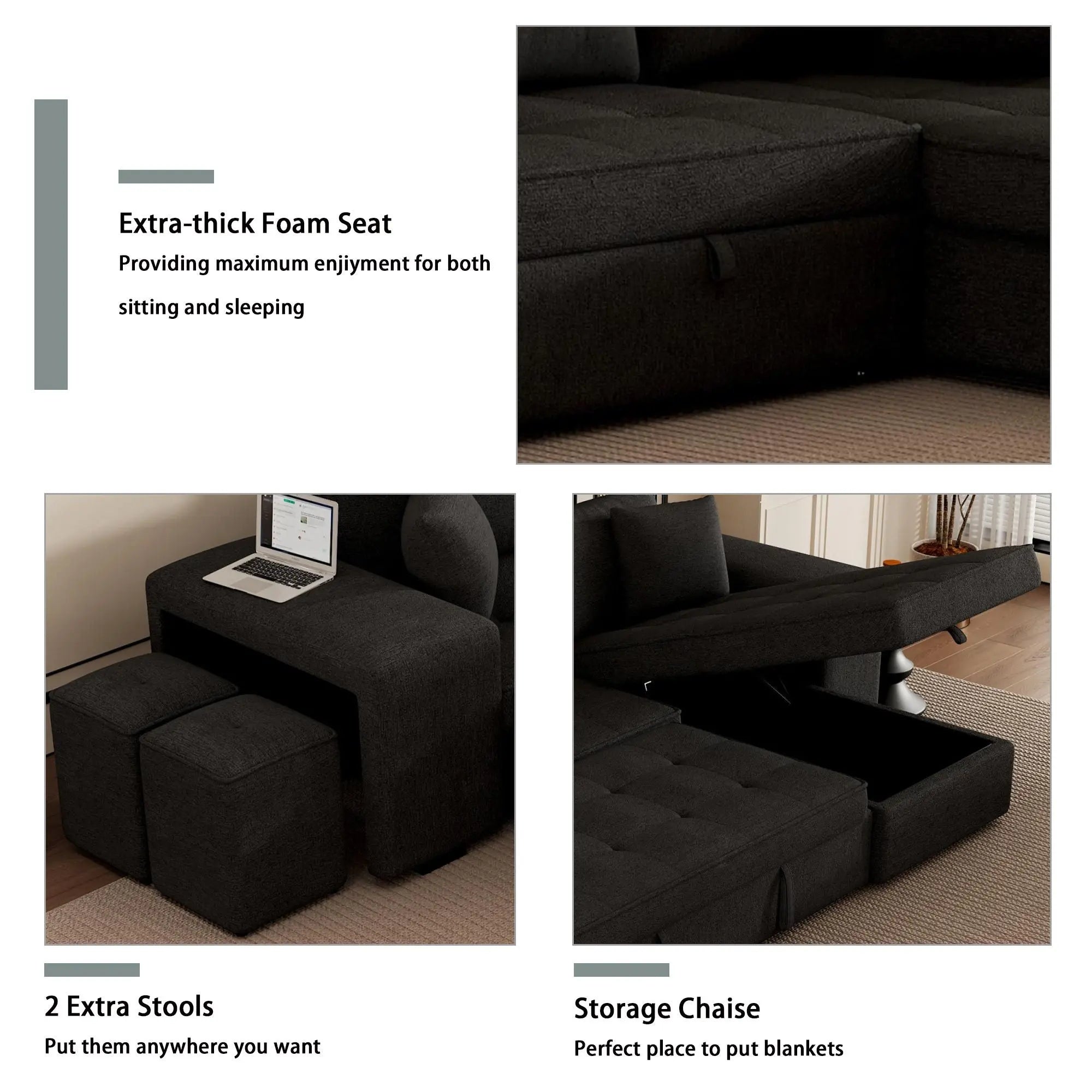 Modern L-Shape 3 Seat Reversible Sectional Couch, Pull Out Sleeper Sofa With Storage Chaise And 2 Stools For Living Room Furniture Set Unique Piece Furniture