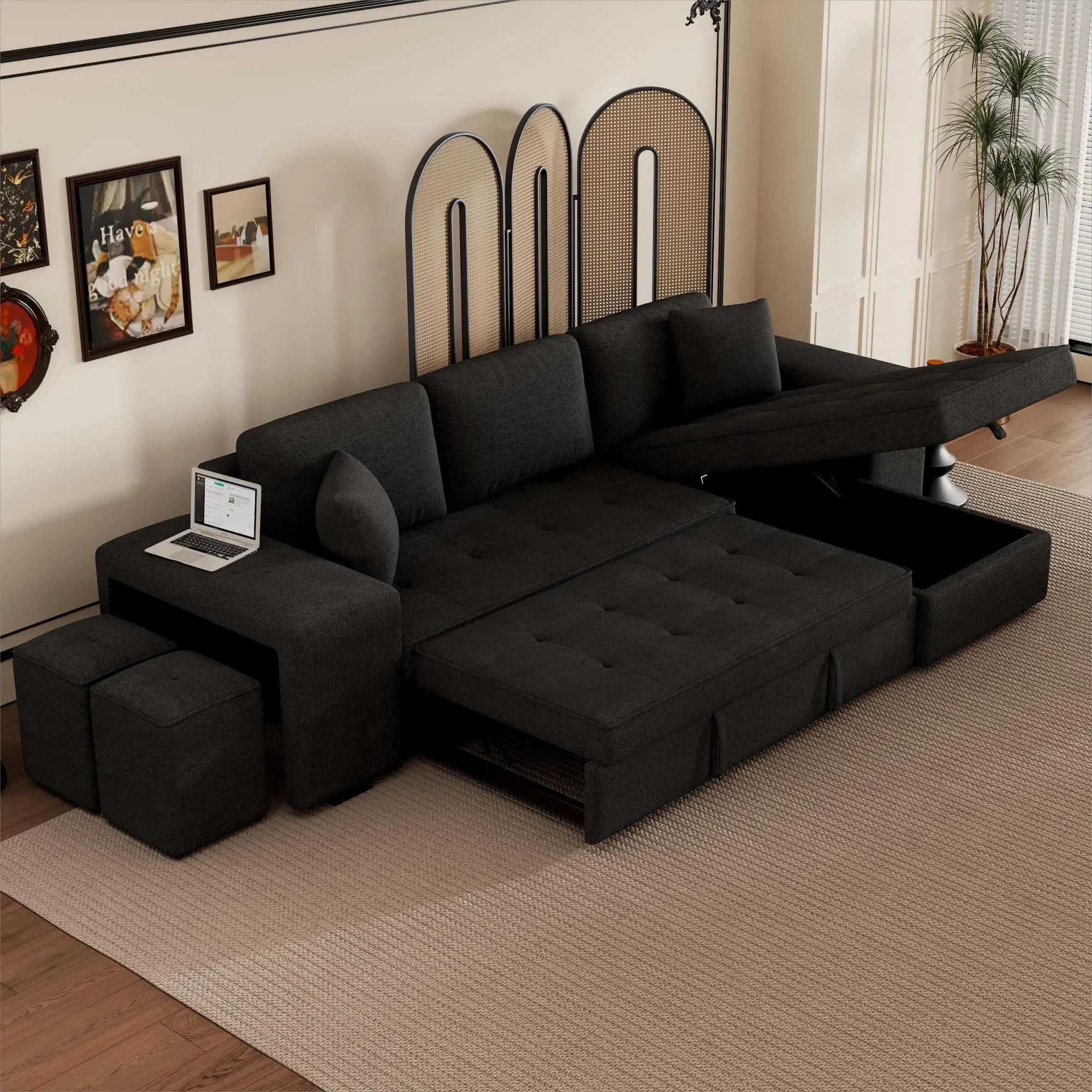 Modern L-Shape 3 Seat Reversible Sectional Couch, Pull Out Sleeper Sofa With Storage Chaise And 2 Stools For Living Room Furniture Set Unique Piece Furniture