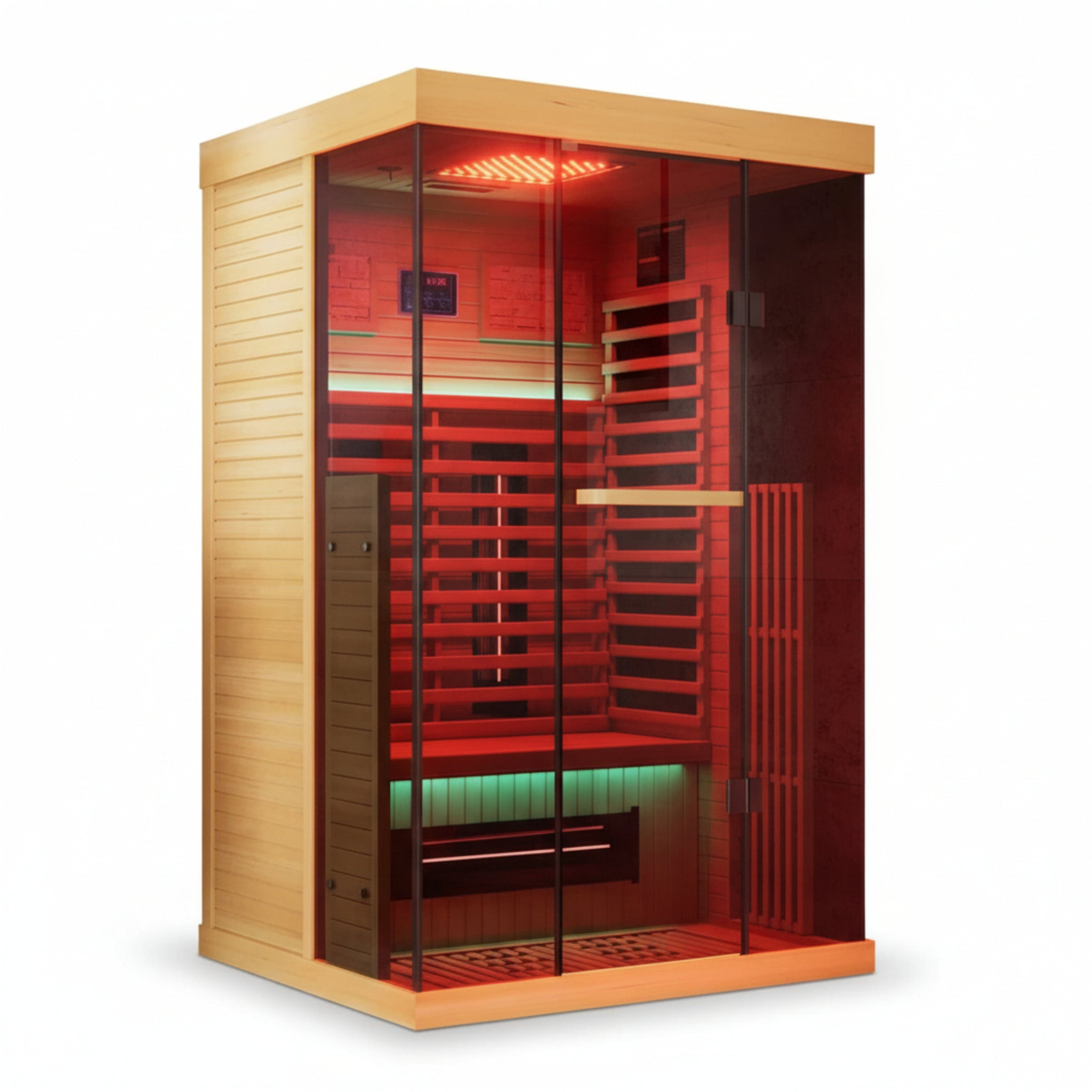 Full Spectrum Infrared Sauna,1-2 Person Home Sauna,Wooden Canadian Hemlock Indoor Spa Sauna with Resonance Speaker, Panoramic Tempered Glass Door