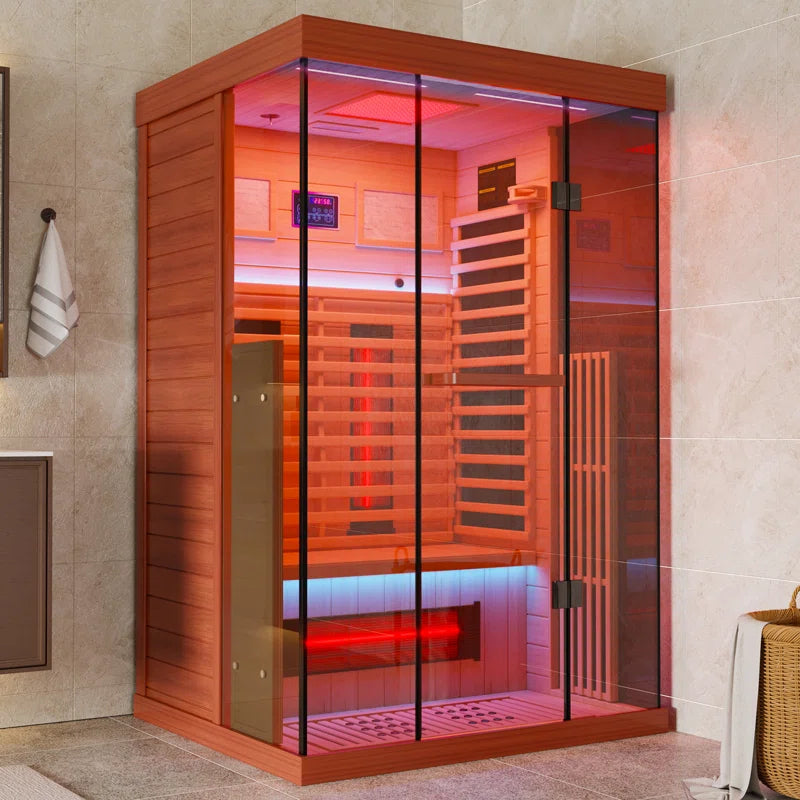 Full Spectrum Infrared Sauna,1-2 Person Home Sauna,Wooden Canadian Hemlock Indoor Spa Sauna with Resonance Speaker, Panoramic Tempered Glass Door