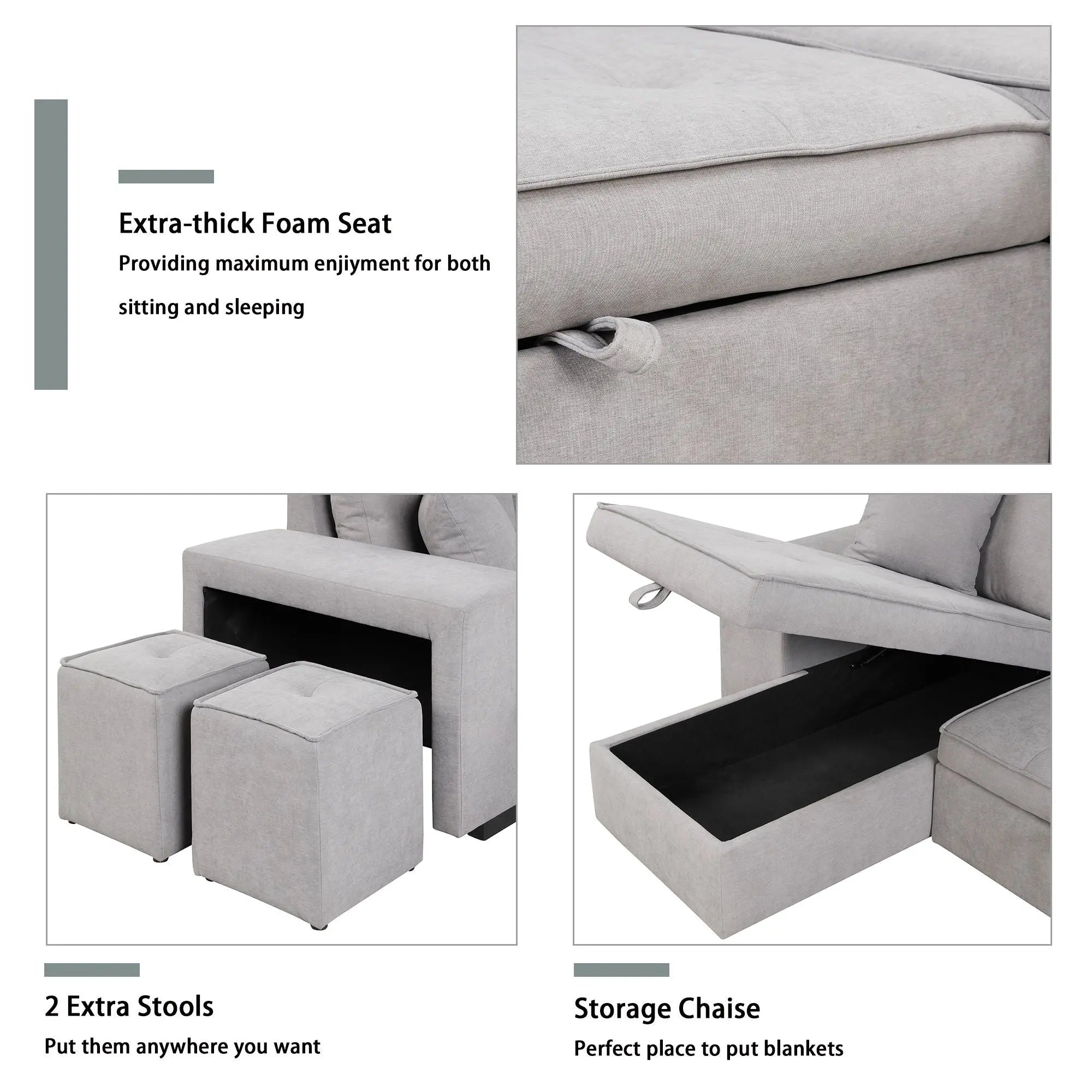 Modern L-Shape 3 Seat Reversible Sectional Couch, Pull Out Sleeper Sofa With Storage Chaise And 2 Stools For Living Room Furniture Set Unique Piece Furniture