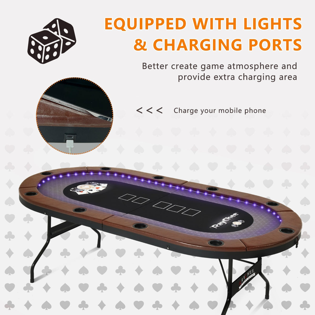 10 Player Foldable Poker Table LED Light Casino Blackjack Texa Holdem Table Desk