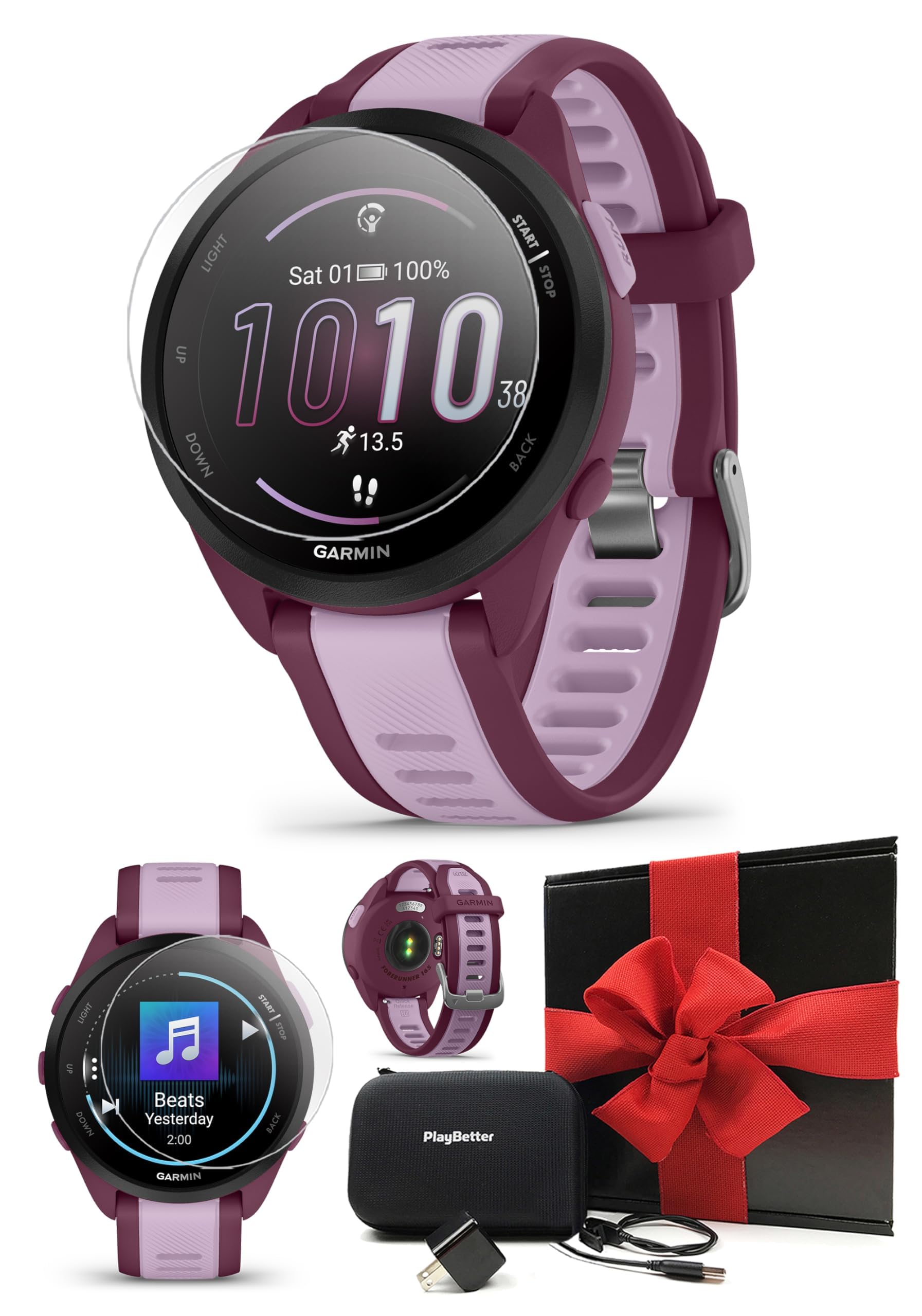 PlayBetter Garmin Forerunner 165 Music (Berry/Lilac) Running GPS Smartwatch Gift Box Bundle - AMOLED Touchscreen 11-Day Battery Training - Includes HD Screen Protectors Wall Adapter & Case