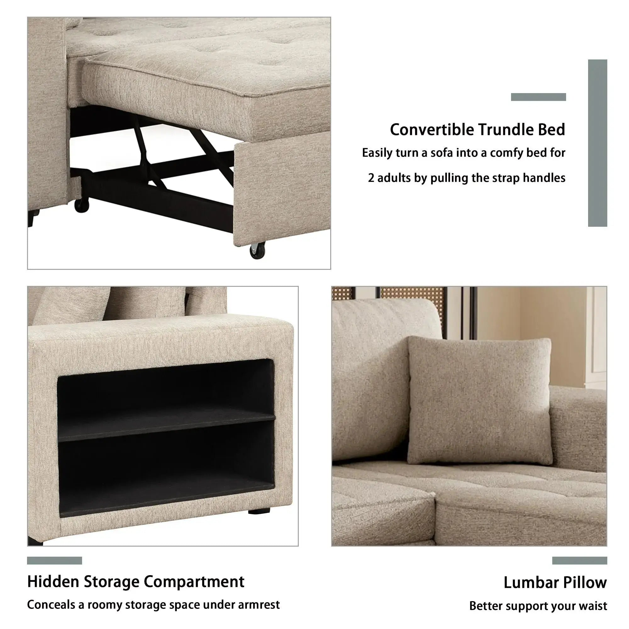 Modern L-Shape 3 Seat Reversible Sectional Couch, Pull Out Sleeper Sofa With Storage Chaise And 2 Stools For Living Room Furniture Set Unique Piece Furniture