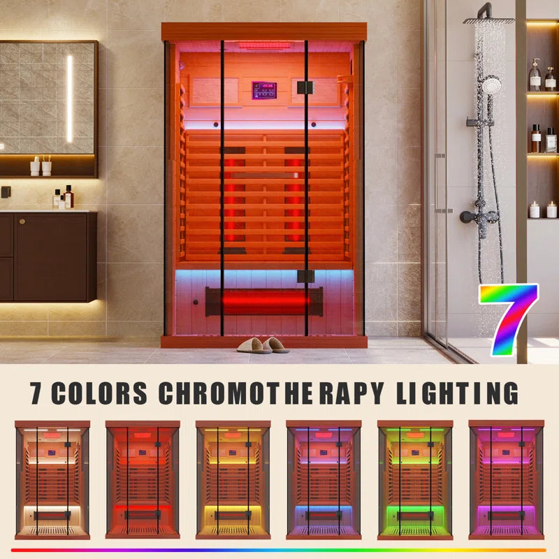 Full Spectrum Infrared Sauna,1-2 Person Home Sauna,Wooden Canadian Hemlock Indoor Spa Sauna with Resonance Speaker, Panoramic Tempered Glass Door
