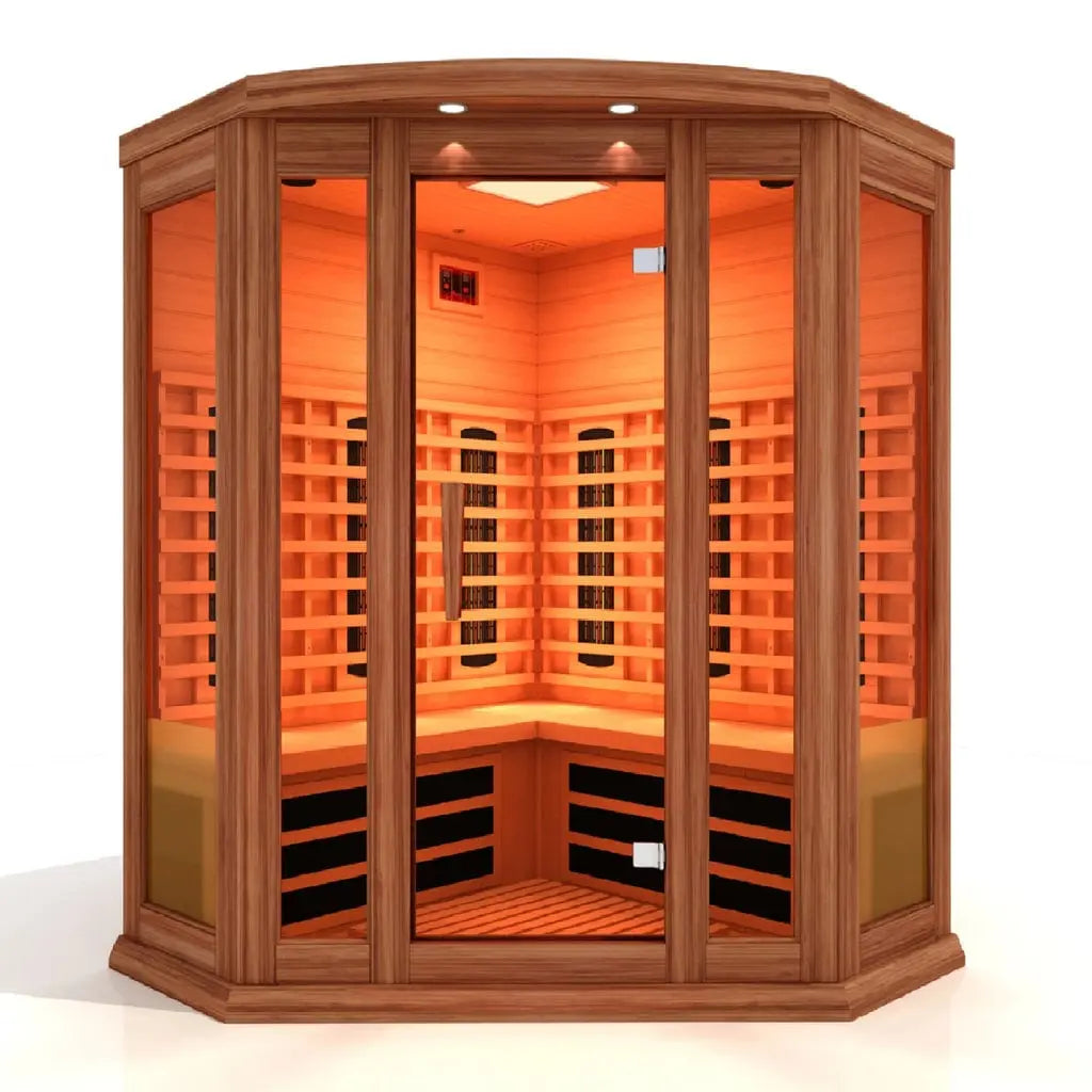 Maxxus 3-Person Corner Full Spectrum Near Zero EMF FAR Infrared Sauna with Canadian Red cedar The Sauna Solution LLC