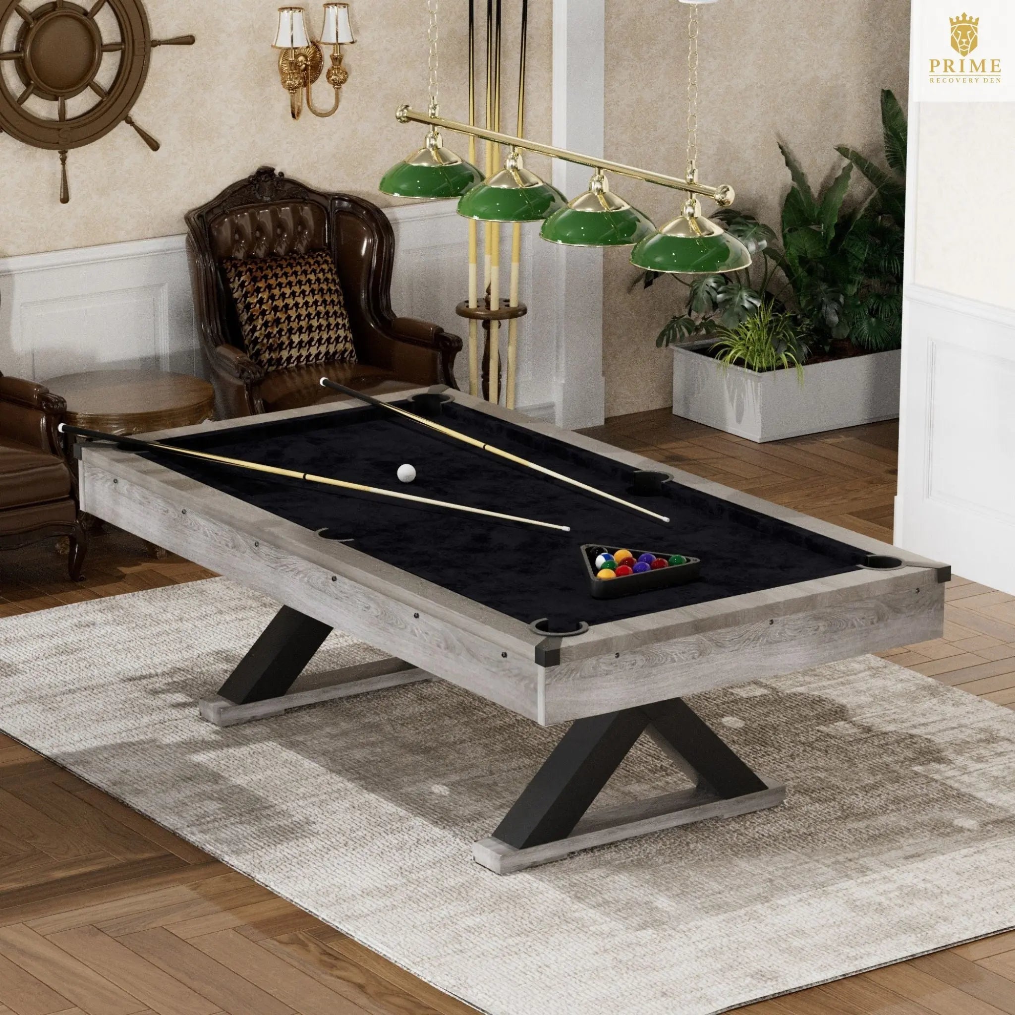 Large 84-Inch Rustic Gray Pool Table With Cues, Balls And X-Legs (SAK54361) SAKSBY WHOLESALE