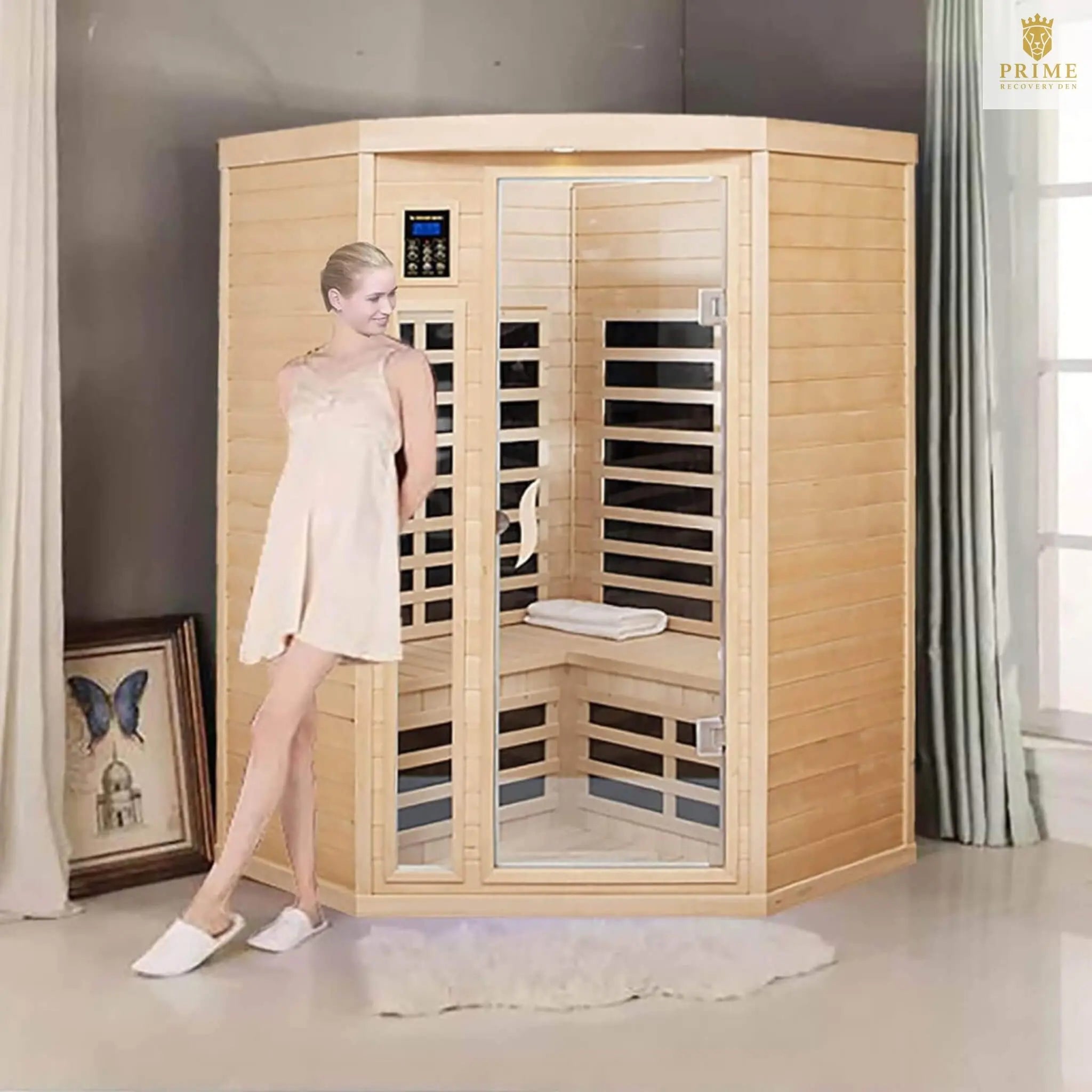 Thermora Laurent Premium 2-Person 1600W Corner Space Infrared Wooden Sauna Room With Bluetooth Speakers (SAK81524) SAKSBY WHOLESALE
