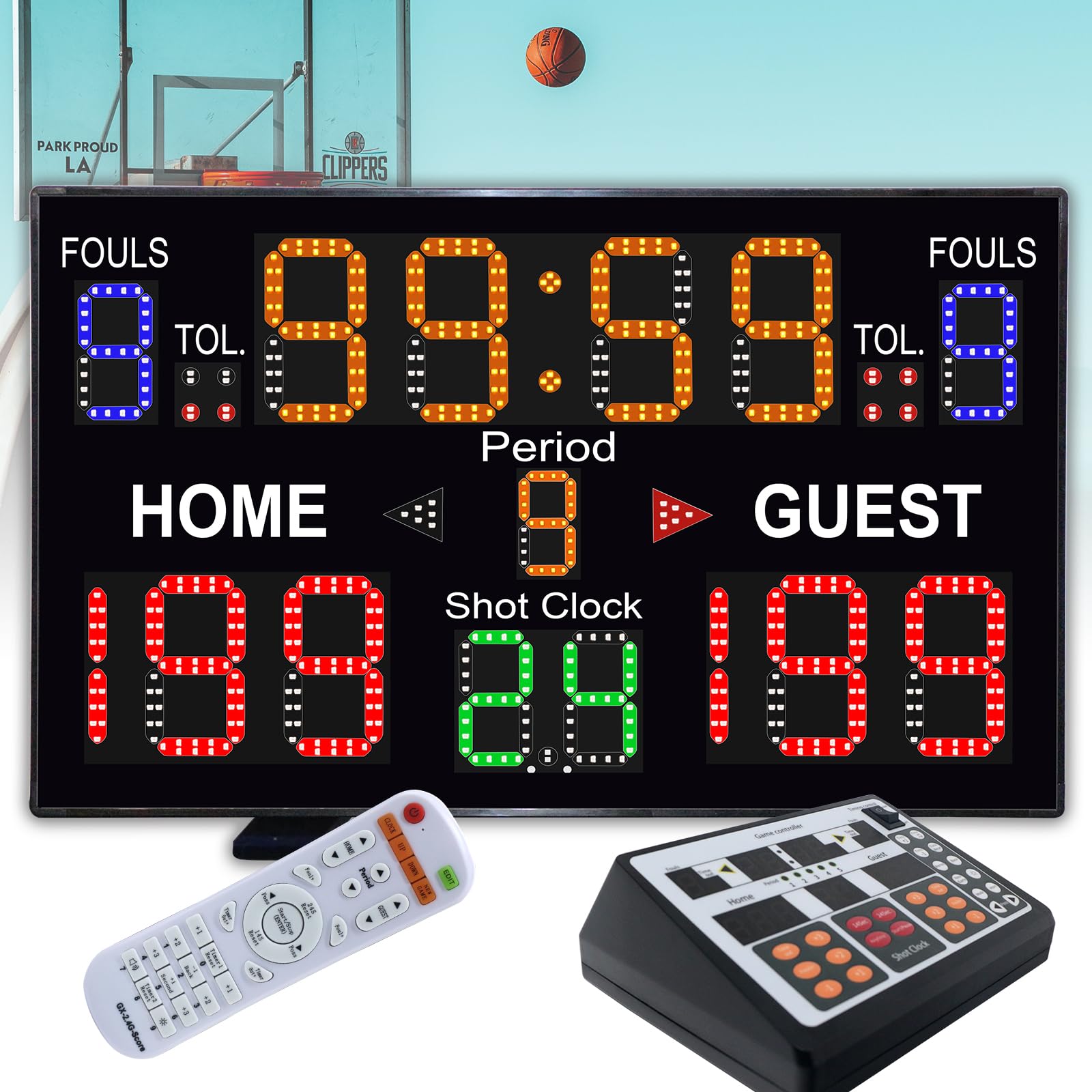 LUCKY TIME Basketball Scoreboard with Shot Clock 12/14/24/30/25/60 Seconds Upgraded Thickening Digital Scoreboard with Panel and Remote Battery Powered Electronic Scoreboard for Indoor Outdoor