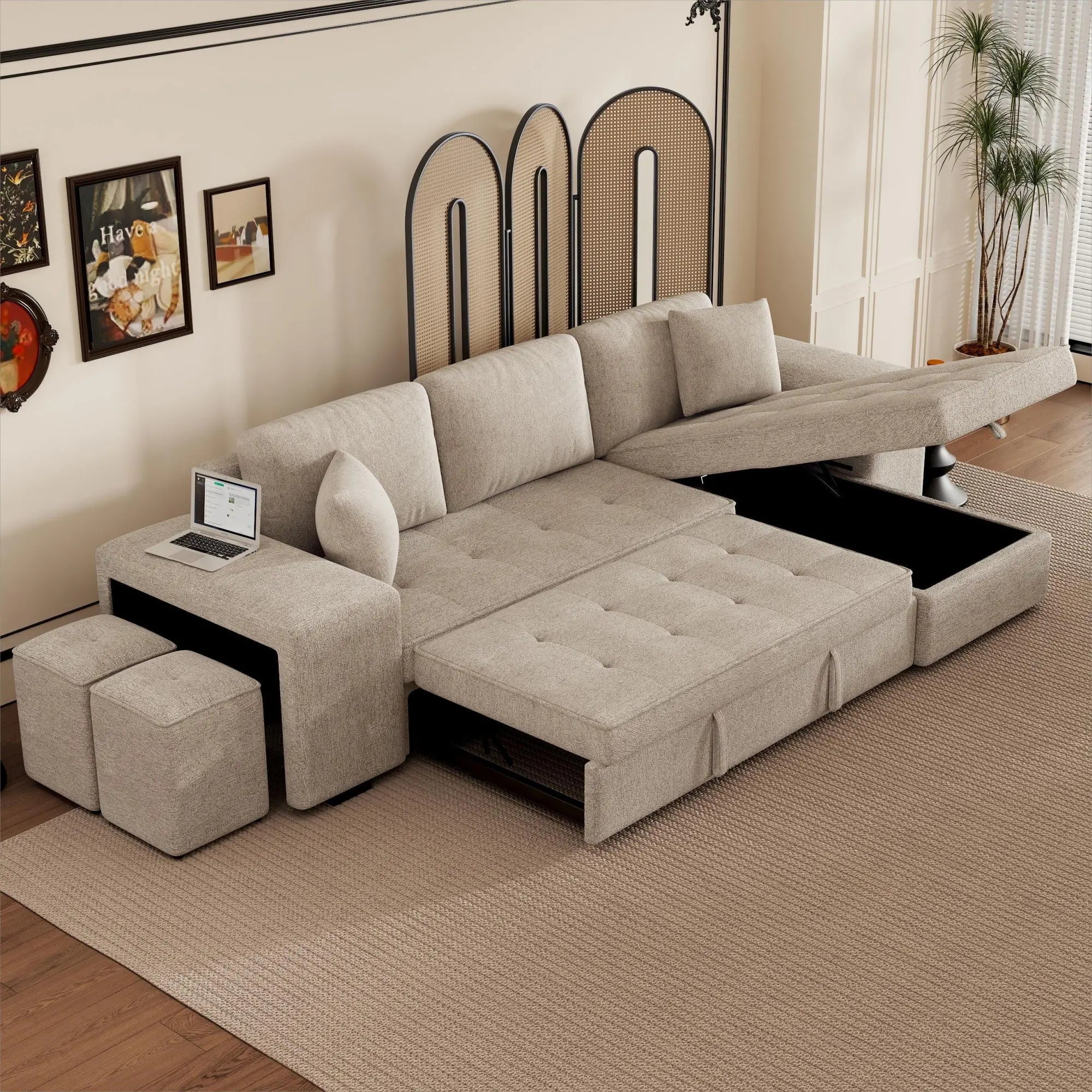 Modern L-Shape 3 Seat Reversible Sectional Couch, Pull Out Sleeper Sofa With Storage Chaise And 2 Stools For Living Room Furniture Set Unique Piece Furniture