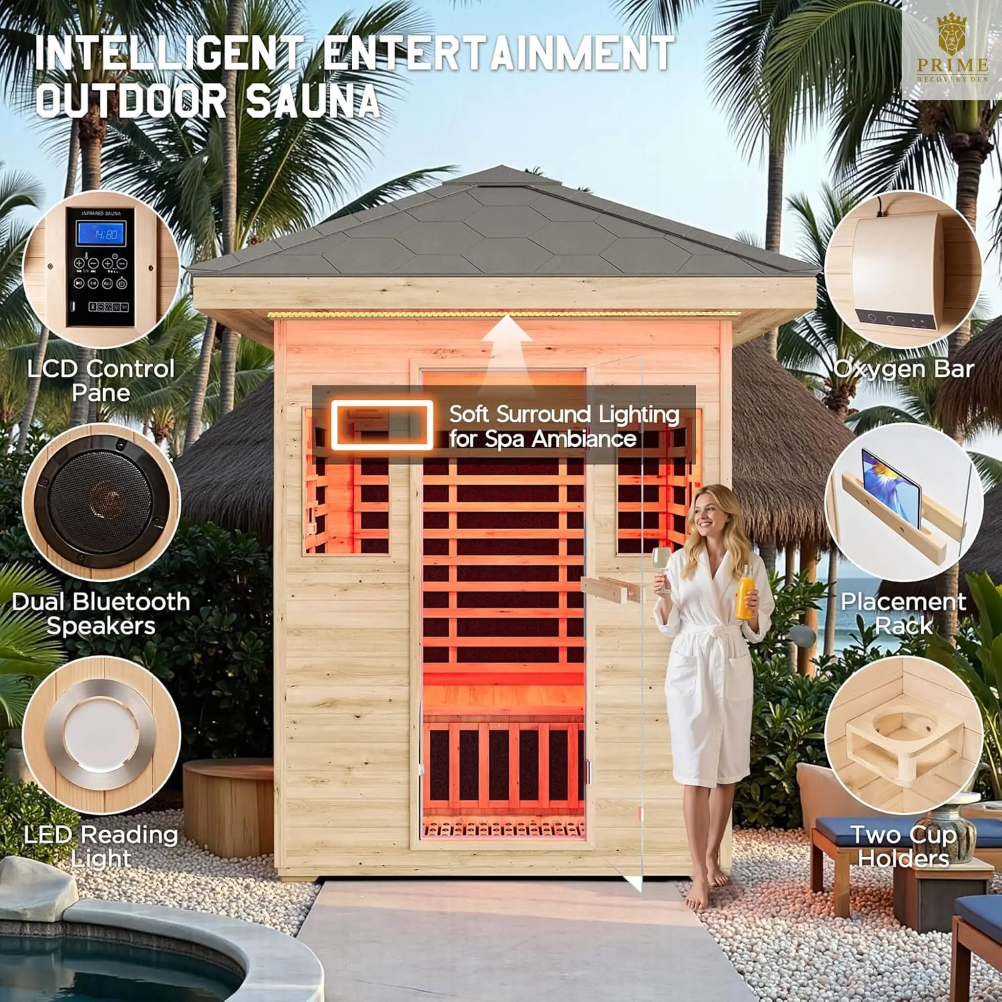 Thermora Zurich 3-Person Low EMF Spruce Wood Outdoor Infrared Sauna With Bluetooth Speakers And LED Lights (SAK59047) SAKSBY WHOLESALE