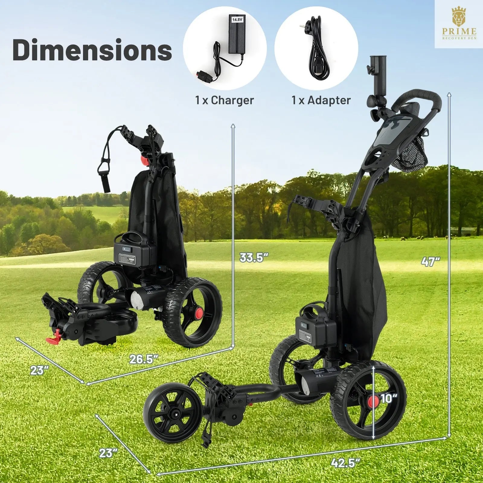 Electric Golf Push Cart – 3-Wheel, 9-Speed, Cooler Bag & USB Port