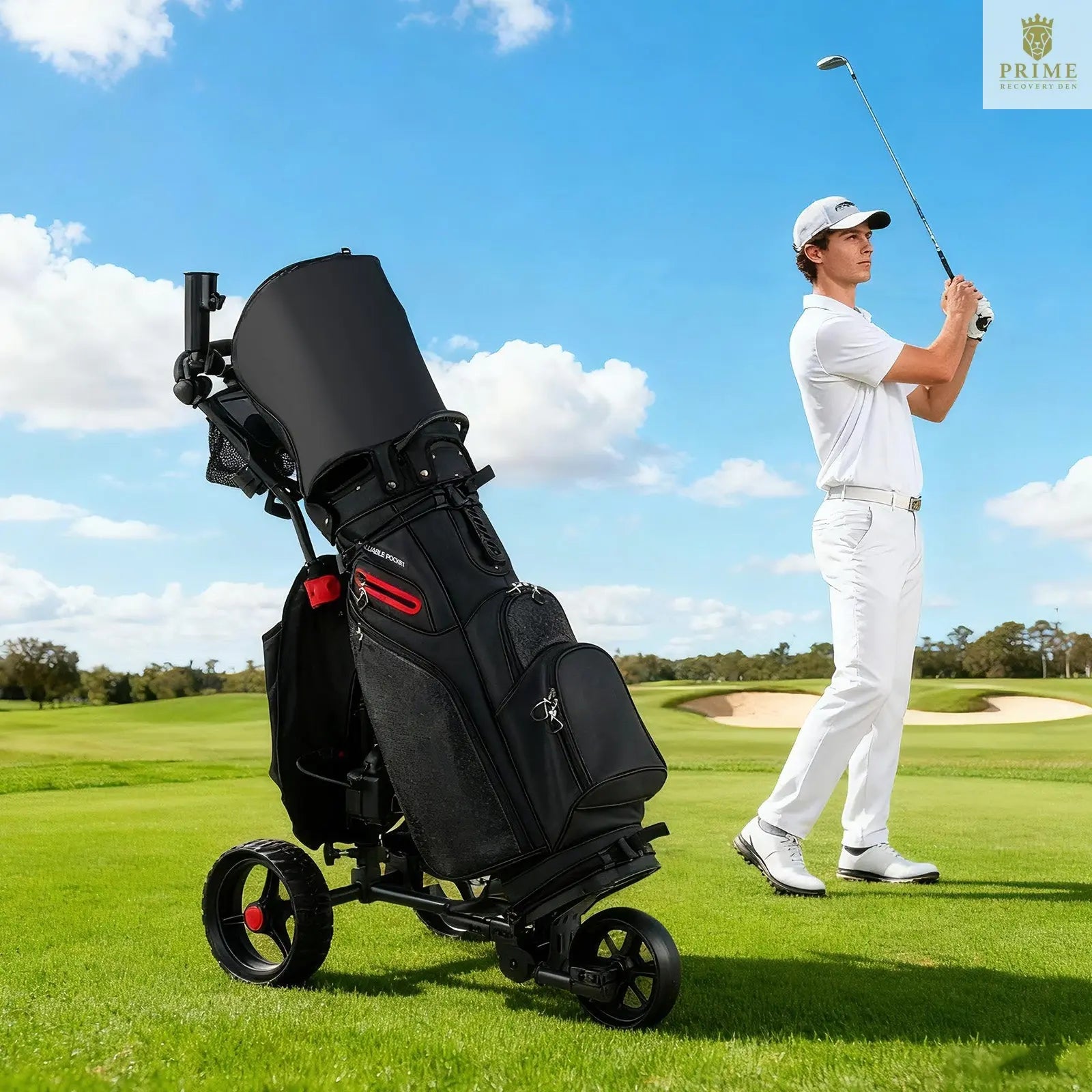 Electric Golf Push Cart – 3-Wheel, 9-Speed, Cooler Bag & USB Port