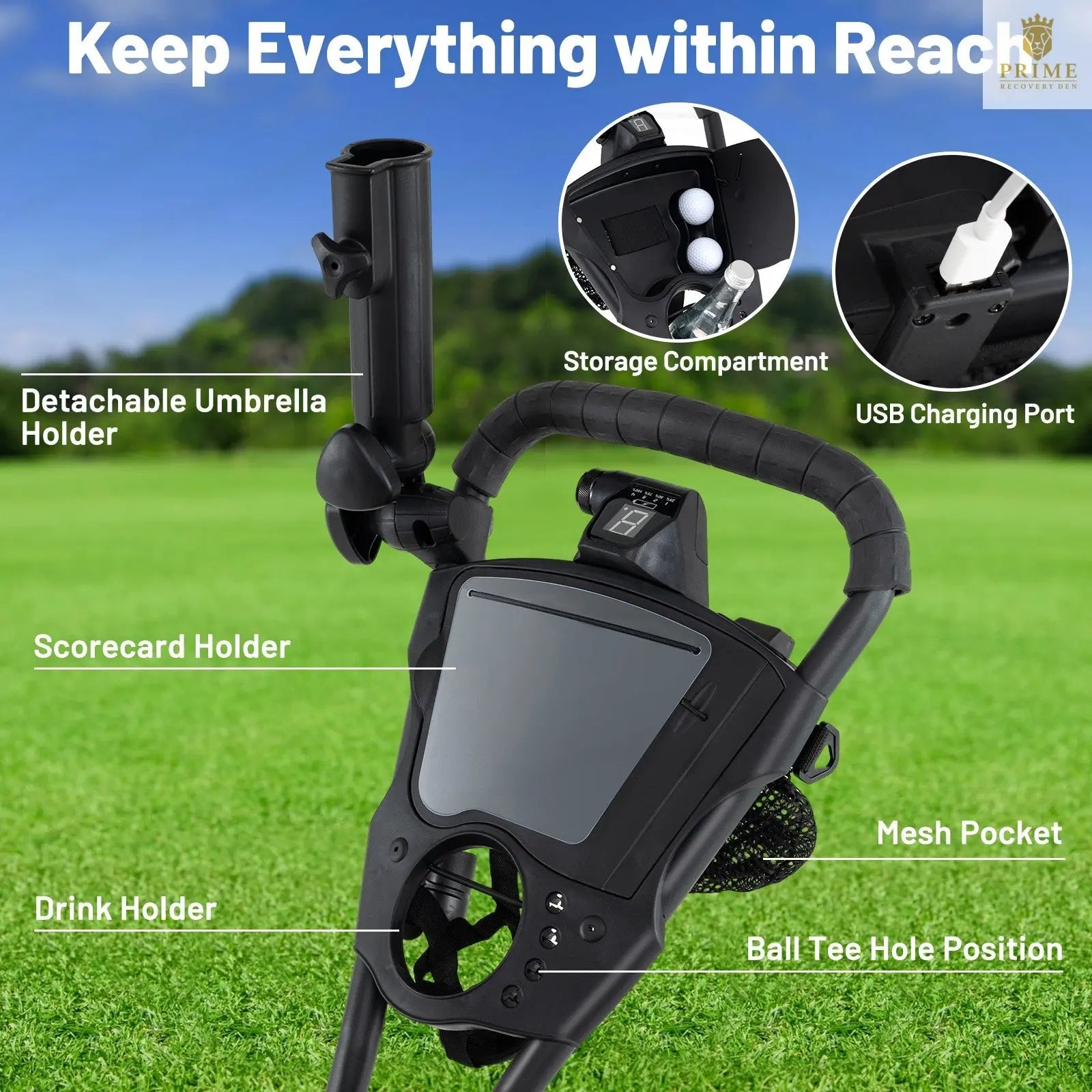 Electric Golf Push Cart – 3-Wheel, 9-Speed, Cooler Bag & USB Port