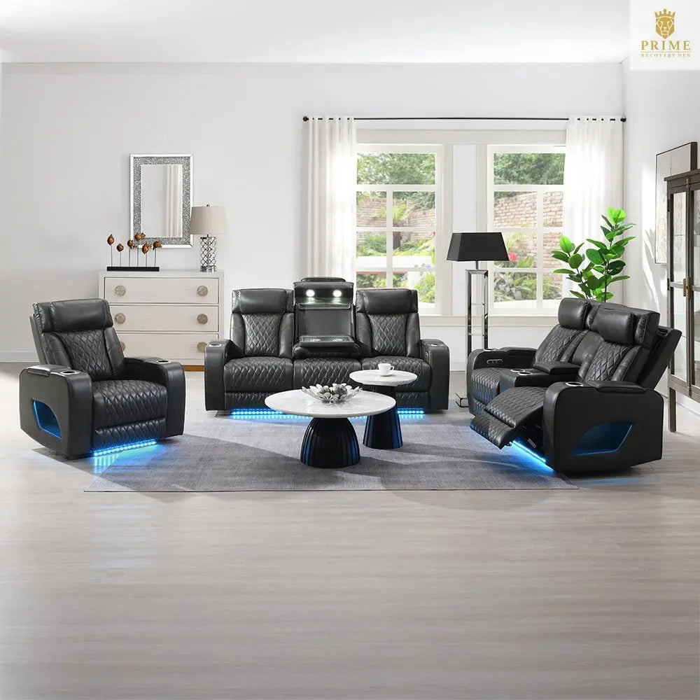 Taddeo - Power Motion Loveseat With Console, Speaker, USB, Wireless Charger & LED - Dark Gray