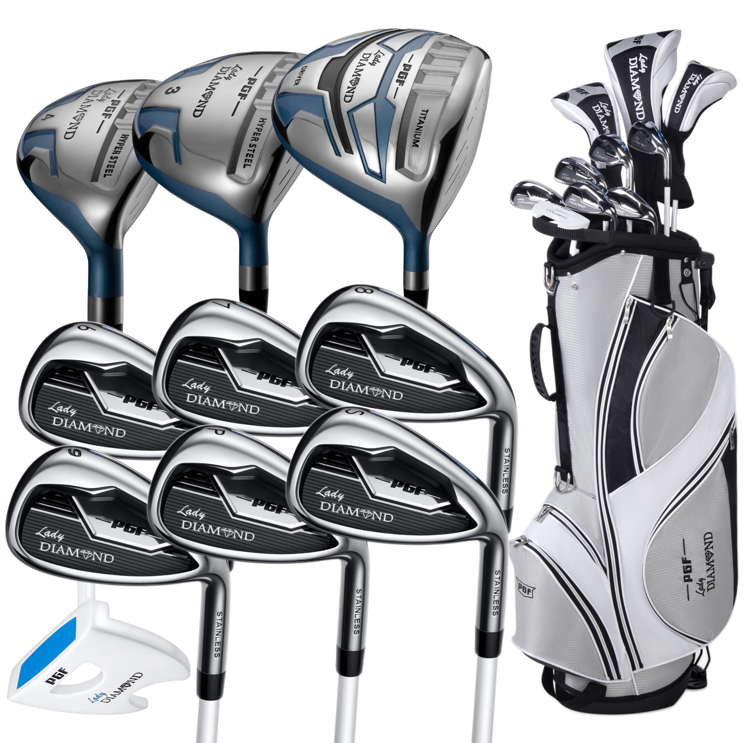 PGF Lady Diamond S5 Womens Complete Golf Club Package Set [Hand: Left] [Length: Petite][14-Pieces]