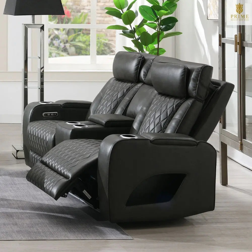 Taddeo - Power Motion Loveseat With Console, Speaker, USB, Wireless Charger & LED - Dark Gray