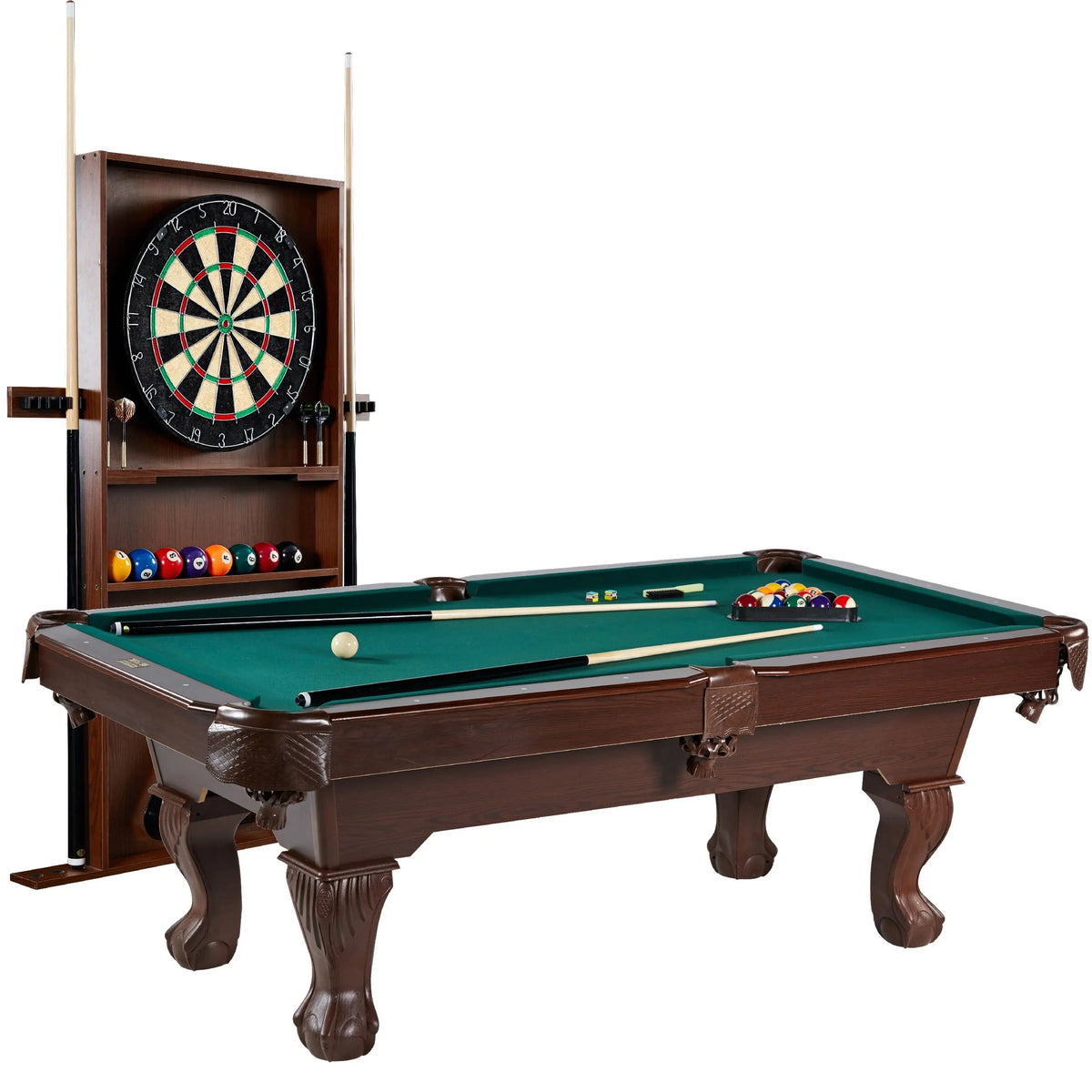 7.5 ft pool table with cue rack, dartboard and game accessories in green felt - Prime Recovery Den