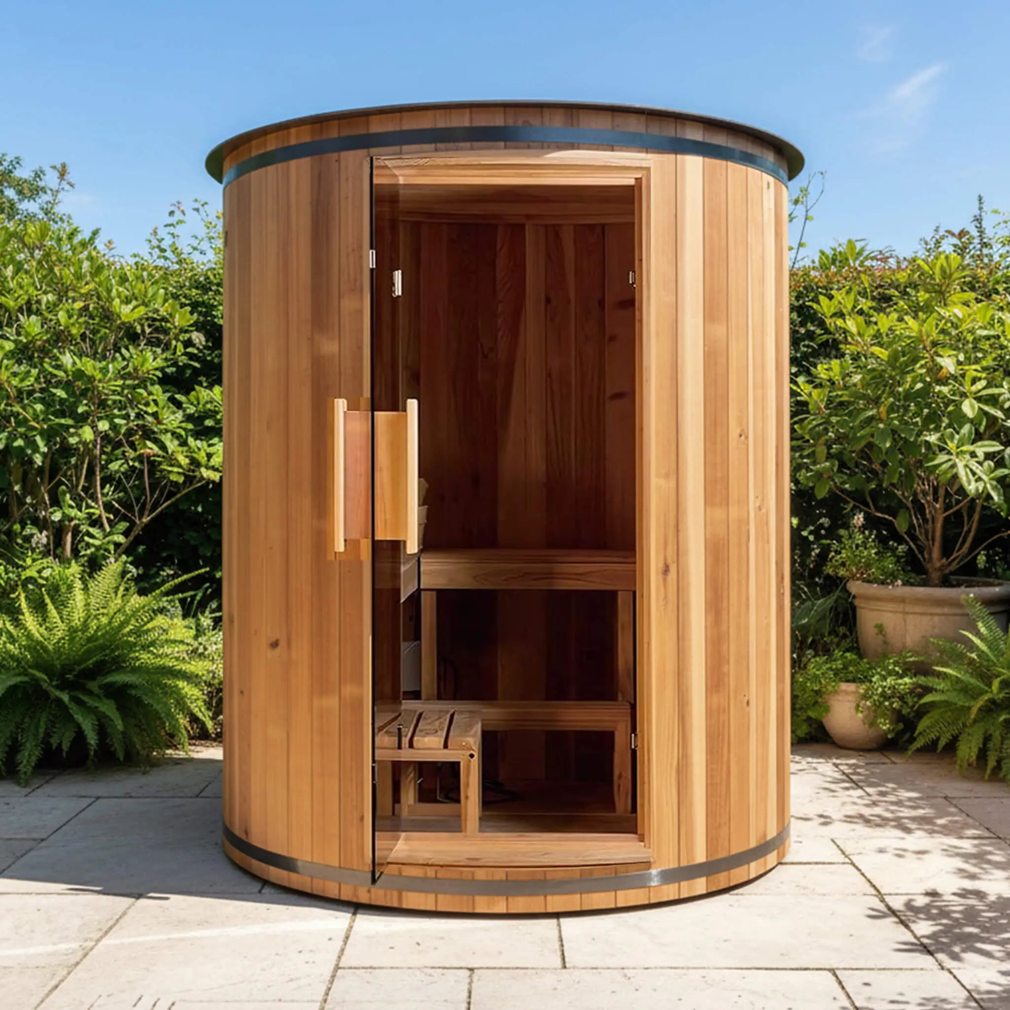 Thermora Barcelona Premium 78-Inch 4-Person Cedar Wood Outdoor Vertical Barrel Sauna With 6KW Heater, LED Lights And Stones (SAK74813) SAKSBY WHOLESALE