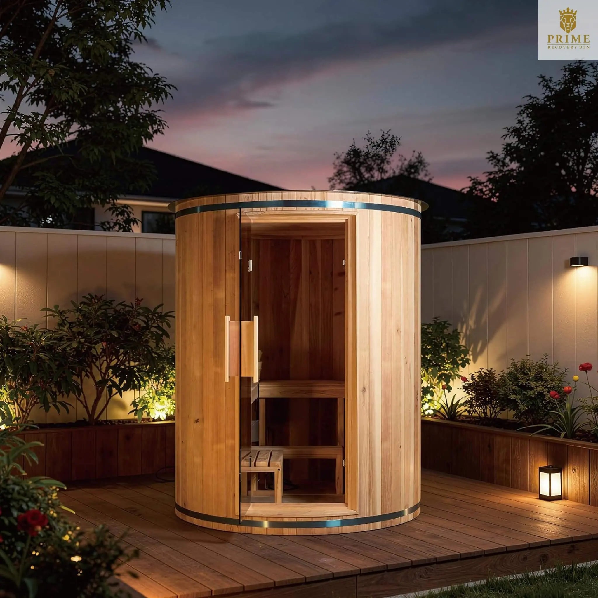 Thermora Barcelona Premium 78-Inch 4-Person Cedar Wood Outdoor Vertical Barrel Sauna With 6KW Heater, LED Lights And Stones (SAK74813) SAKSBY WHOLESALE