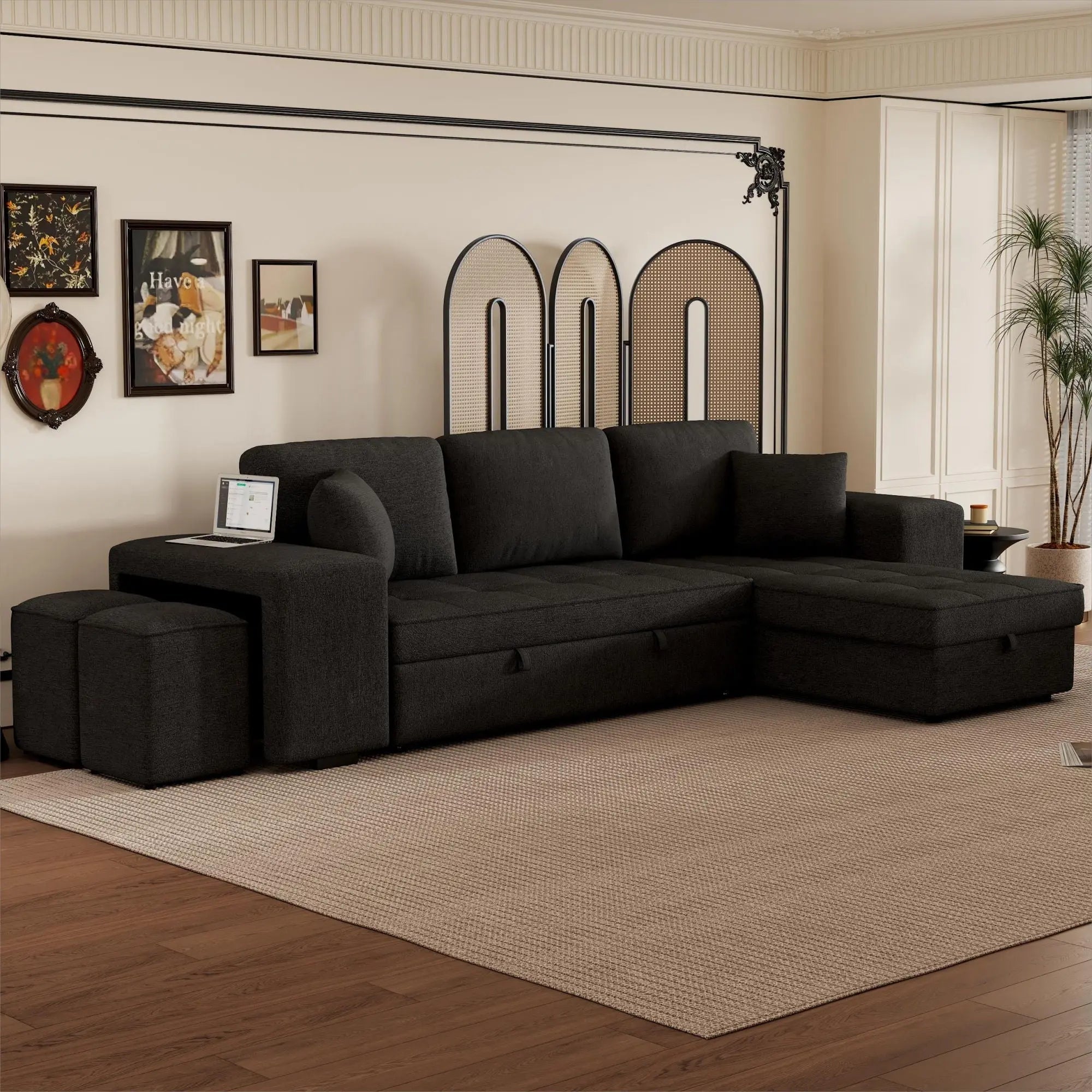 Modern L-Shape 3 Seat Reversible Sectional Couch, Pull Out Sleeper Sofa With Storage Chaise And 2 Stools For Living Room Furniture Set Unique Piece Furniture