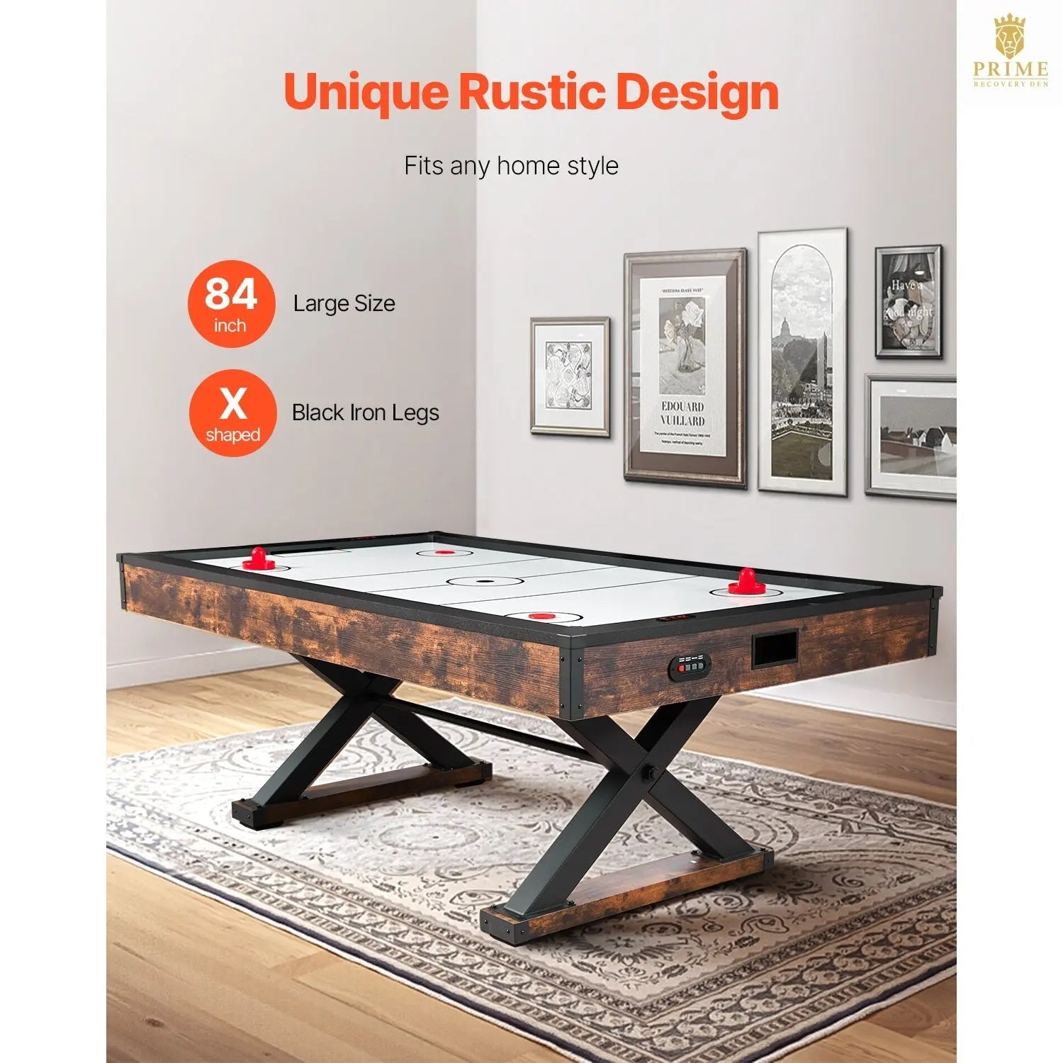 84" Air Hockey Table – Electronic Scorer, Rustic Wood, X-Leg