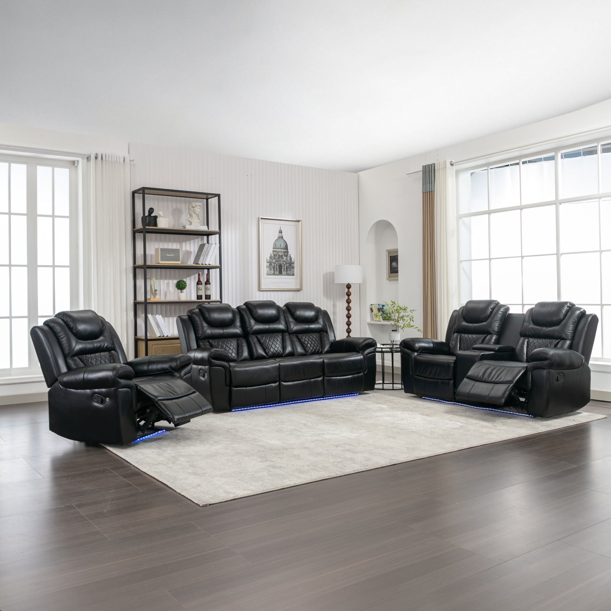 3 Pieces Recliner Sofa Sets Home Theater Seating Manual Recliner Chair With Center Console And LED Light Strip For Living Room