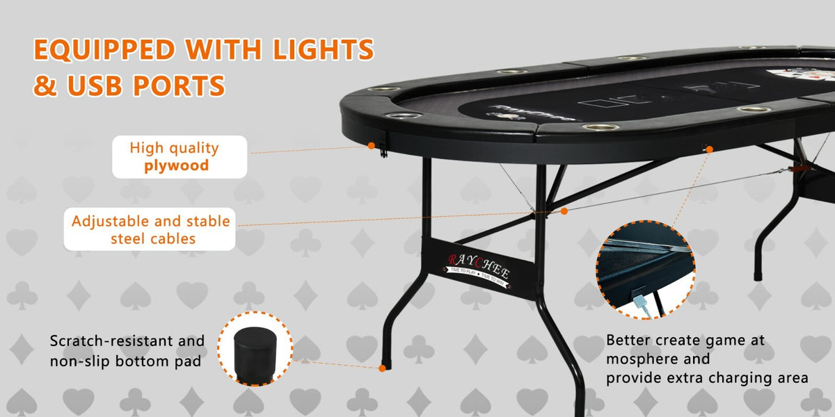 10 Player Foldable Poker Table LED Light Casino Blackjack Texa Holdem Table Desk