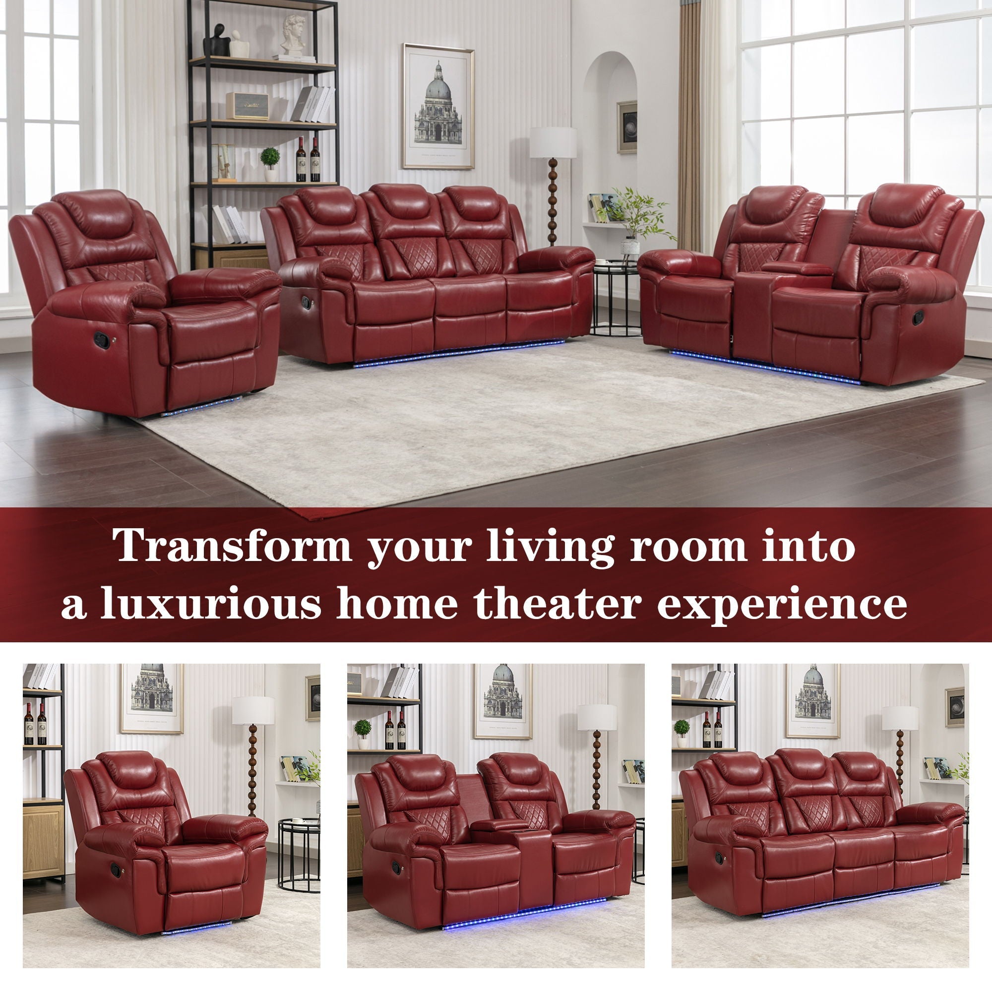 3 Pieces Recliner Sofa Sets Home Theater Seating Manual Recliner Chair With Center Console And LED Light Strip For Living Room