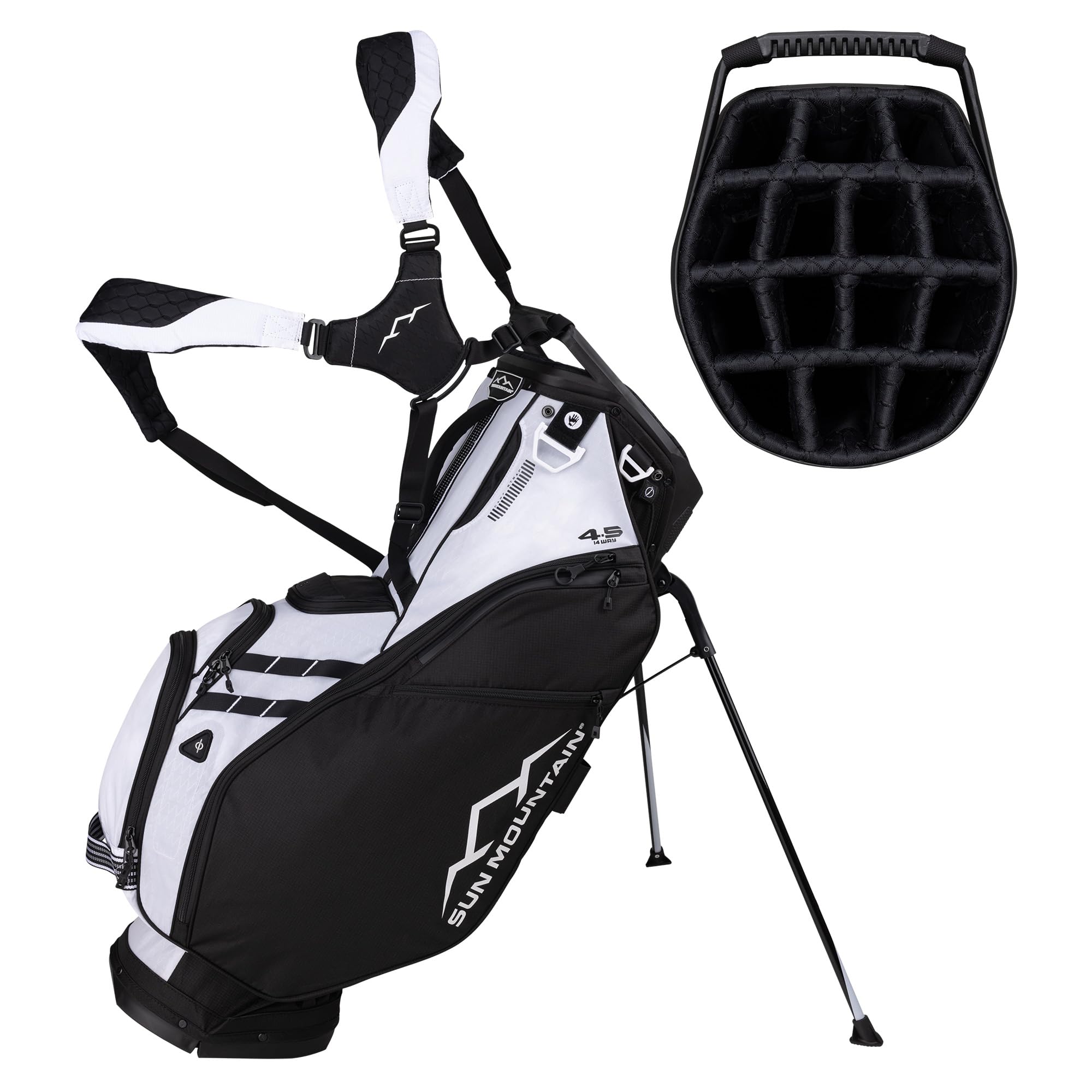 Sun Mountain 2025 4.5LS 14-Way VLO Bag - Prime Organization with Our 14 Way Golf Stand Bag - Golf Club Bag w/Full-Length Pockets and Adjustable Straps for Enhanced Carrying Ease - Black - White