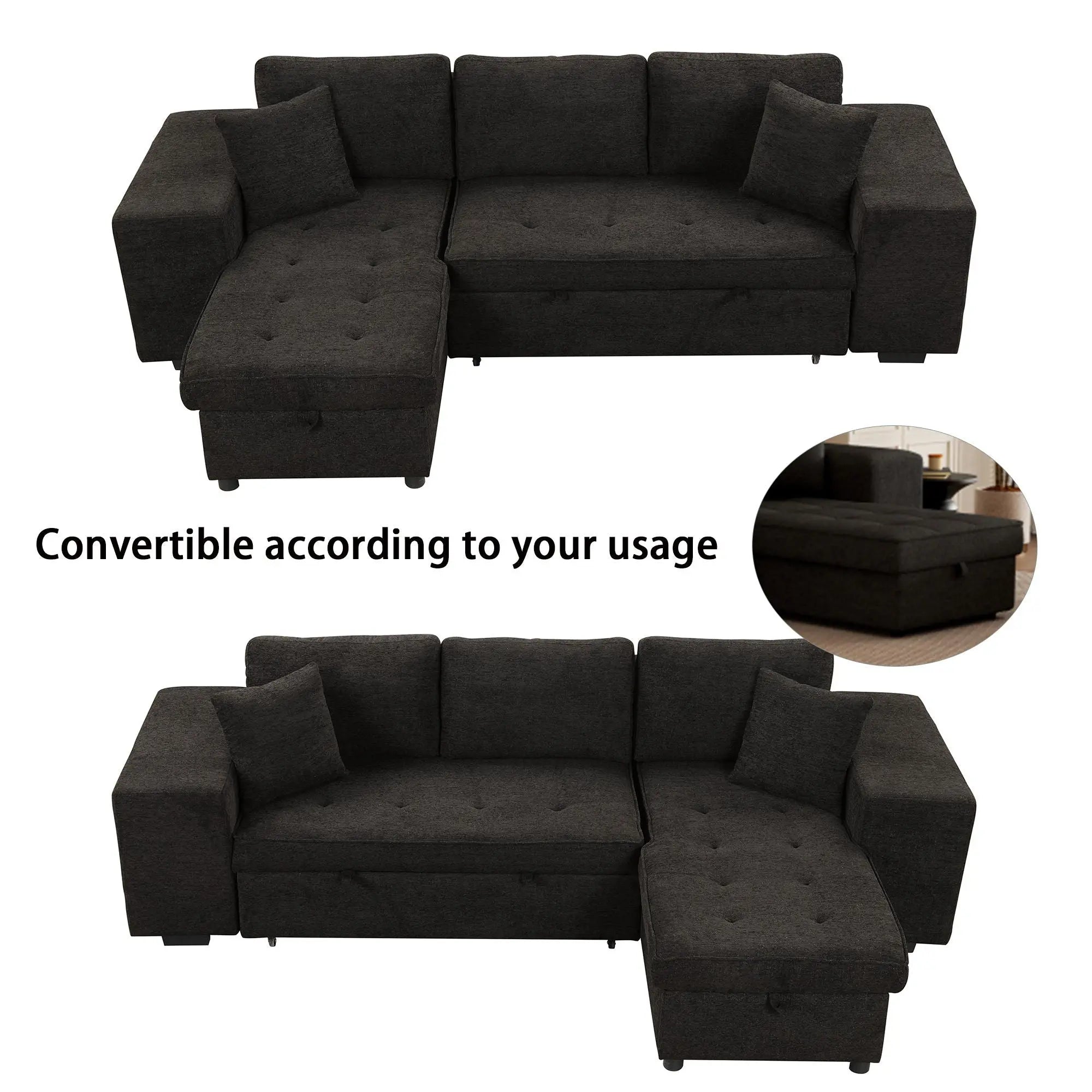 Modern L-Shape 3 Seat Reversible Sectional Couch, Pull Out Sleeper Sofa With Storage Chaise And 2 Stools For Living Room Furniture Set Unique Piece Furniture