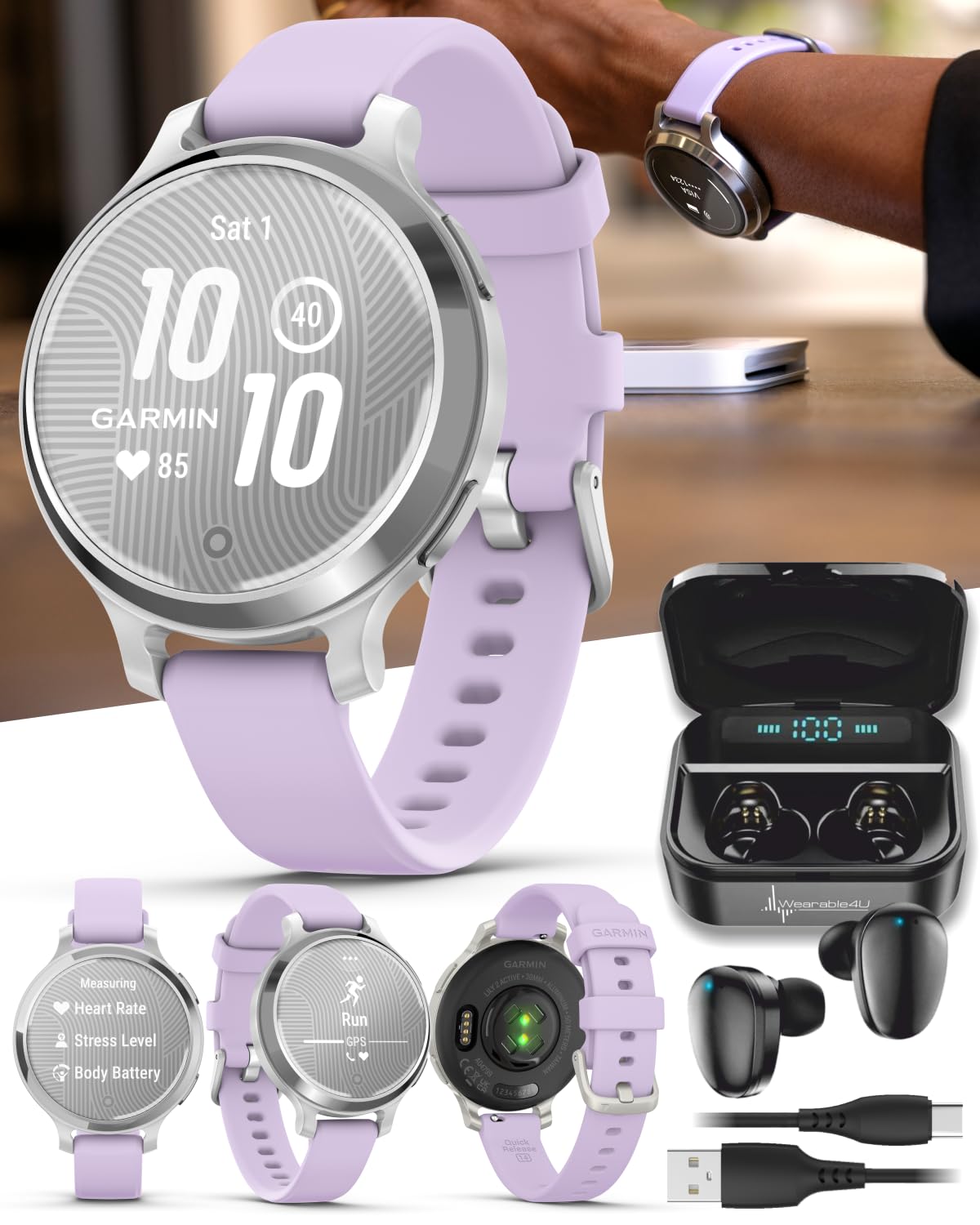 Wearable4U Garmin Lily 2 Active Silver with Purple Jasmine Silicone Band Smartwatch Built-in GPS Hidden Display Patterned Lens Up to 9 Days Battery Life w Black Earbuds Bundle