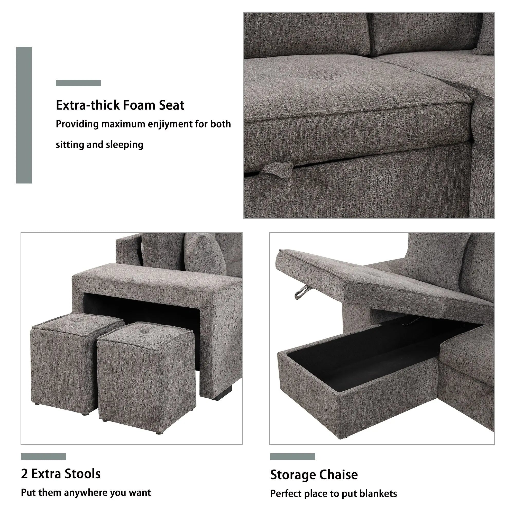 Modern L-Shape 3 Seat Reversible Sectional Couch, Pull Out Sleeper Sofa With Storage Chaise And 2 Stools For Living Room Furniture Set Unique Piece Furniture